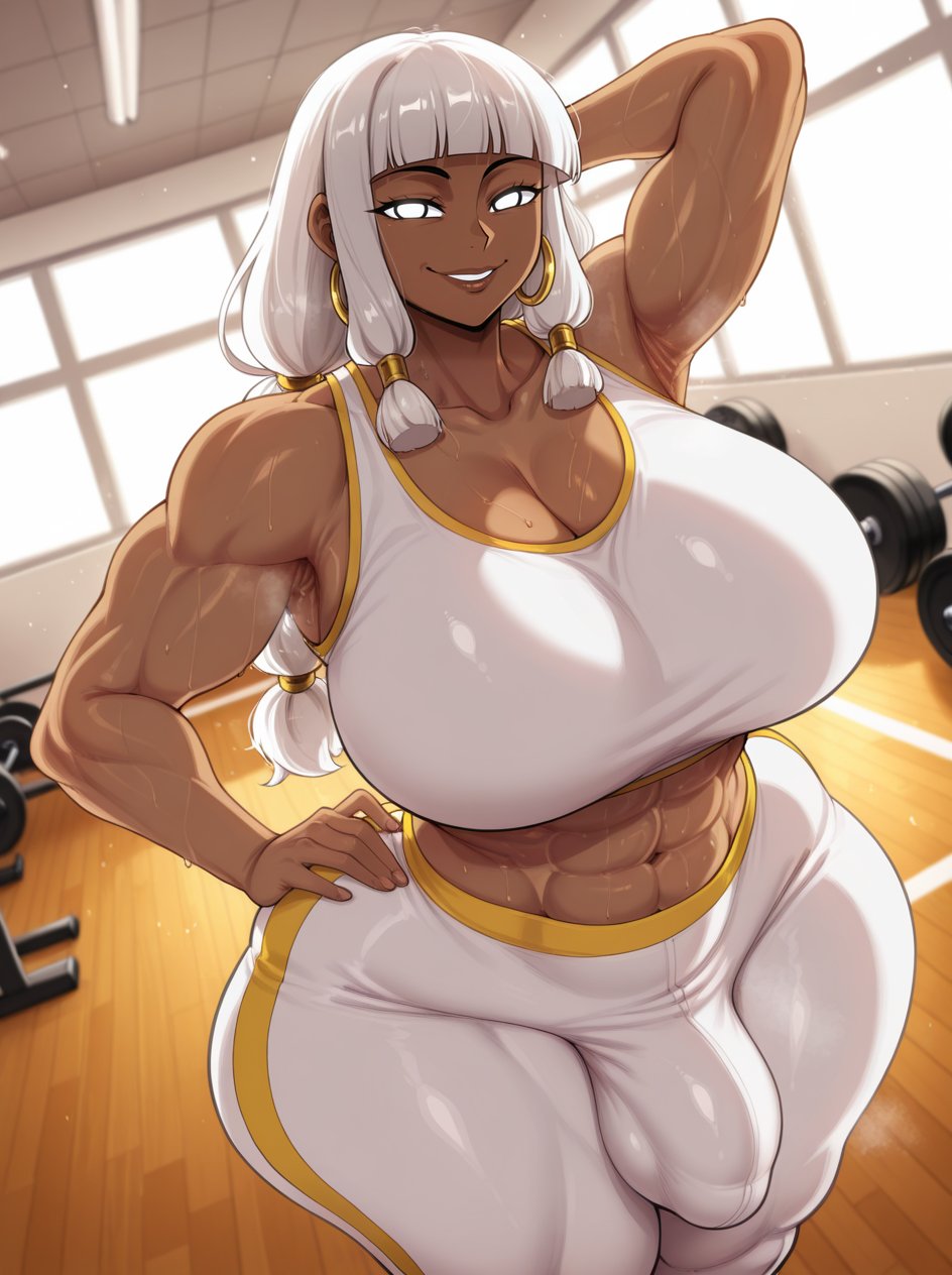 1futa, 2026, ai generated, arm behind head, arm up, big balls, big breasts, big penis, bulge, bulge through clothing, casual, casual exposure, child bearing hips, dark skin, dark-skinned futa, earrings, el memc, excessive sweat, futa only, futanari, gym, gym clothes, hand on hip, horny futa, huge balls, huge breasts, huge cock, hung futa, hyper balls, hyper breasts, hyper penis, imminent rape, imminent sex, laura (memch0), looking at viewer, looking pleasured, memch0, milf, mommy, mother, muscular, muscular futa, musk, musk clouds, oc, original, original character, posing, posing for the viewer, sweat, sweatdrop, sweating, sweaty, thick thighs, thunder thighs, tight clothing, white eyes, white hair