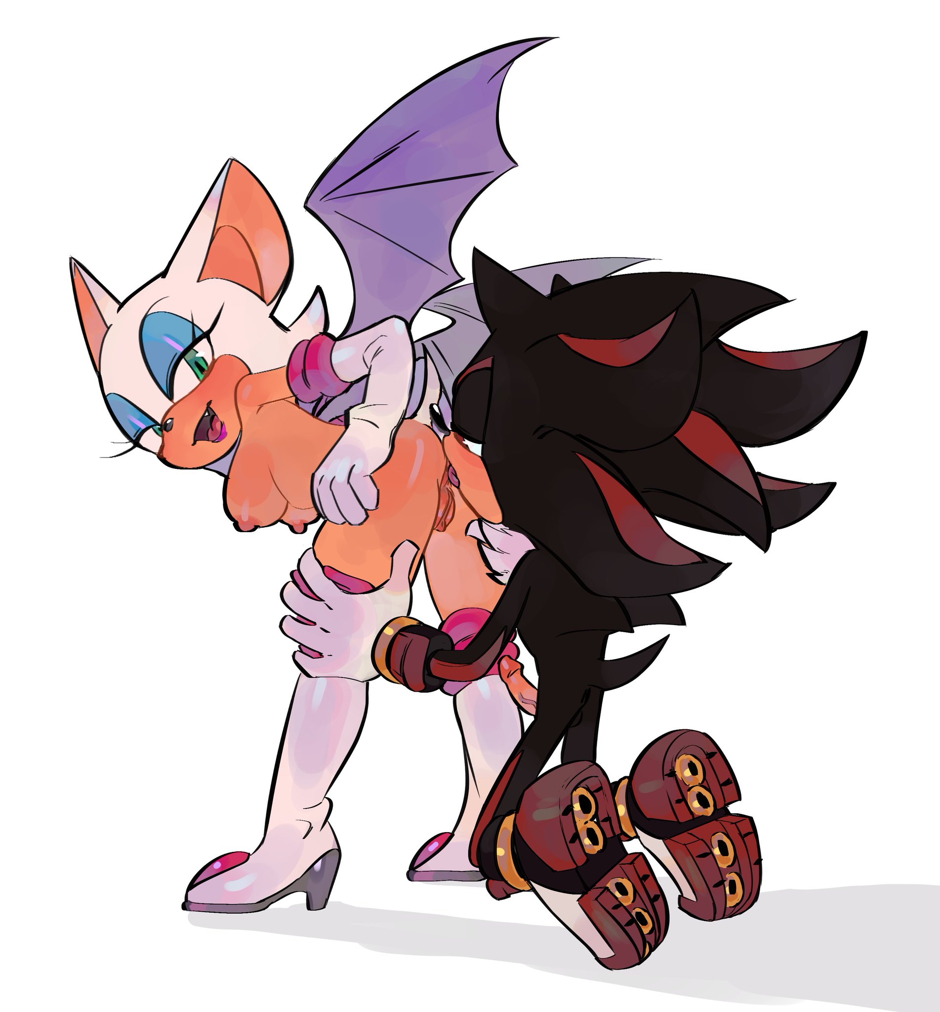 1boy, 1girls, analingus, areolae, bat ears, bat wings, black fur, breasts, eating ass, green eyes, kneeling, looking back, pinklilim, rouge the bat, shadow the hedgehog, sonic (series), sonic the hedgehog (series), tongue in anus