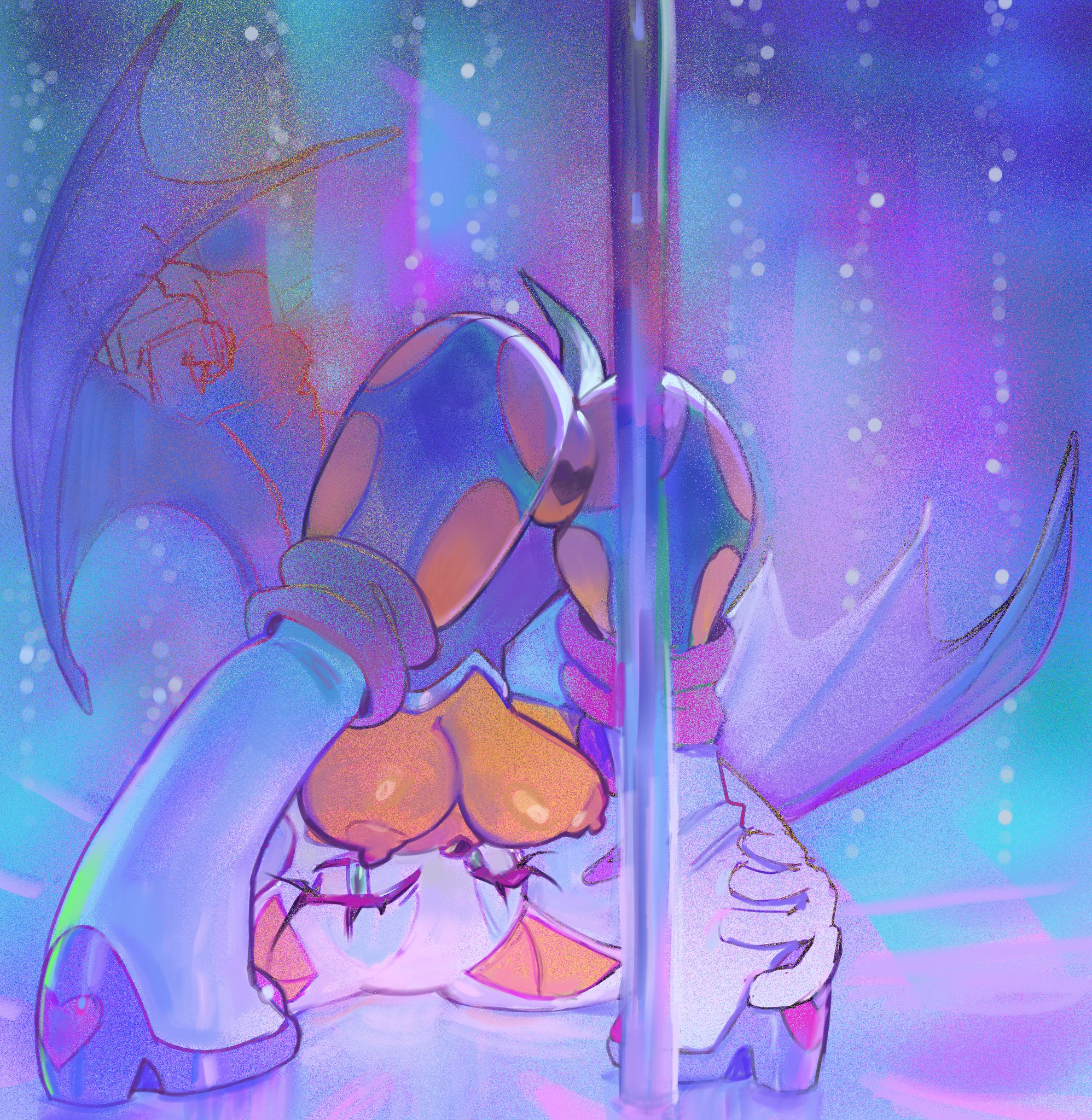 1girls, areolae, ass up, bat ears, bat wings, contortionism, dancing, downward dog, head on floor, heel boots, heels, nipples, pasties, pinklilim, pose, rouge the bat, sega, sonic (series), sonic the hedgehog (series), stripper pole, tagme, tail