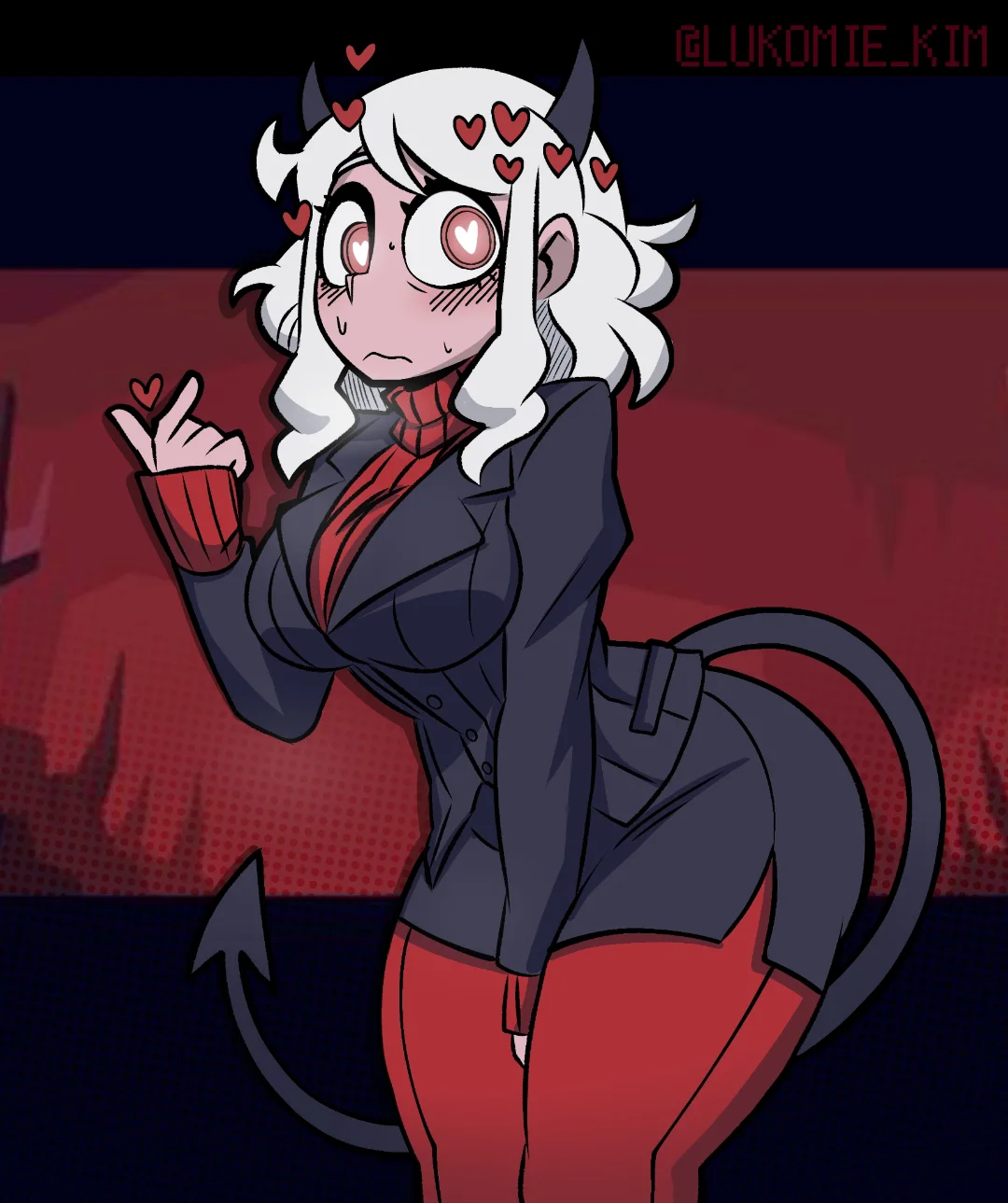 fully clothed, heart, heart-shaped pupils, helltaker, horns, liamvickers 98, modeus (helltaker), source request, tagme, tail, turtleneck, turtleneck sweater, white hair