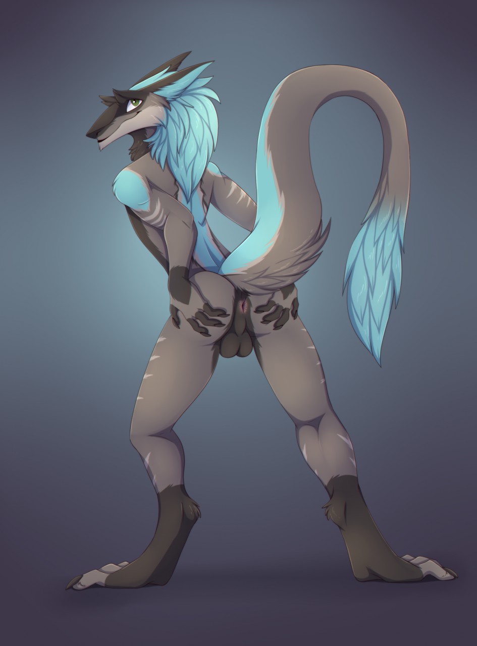 2018 anthro anus ass balls fur looking_at_viewer looking_back male mammal nude presenting presenting_hindquarters r-z sergal solo