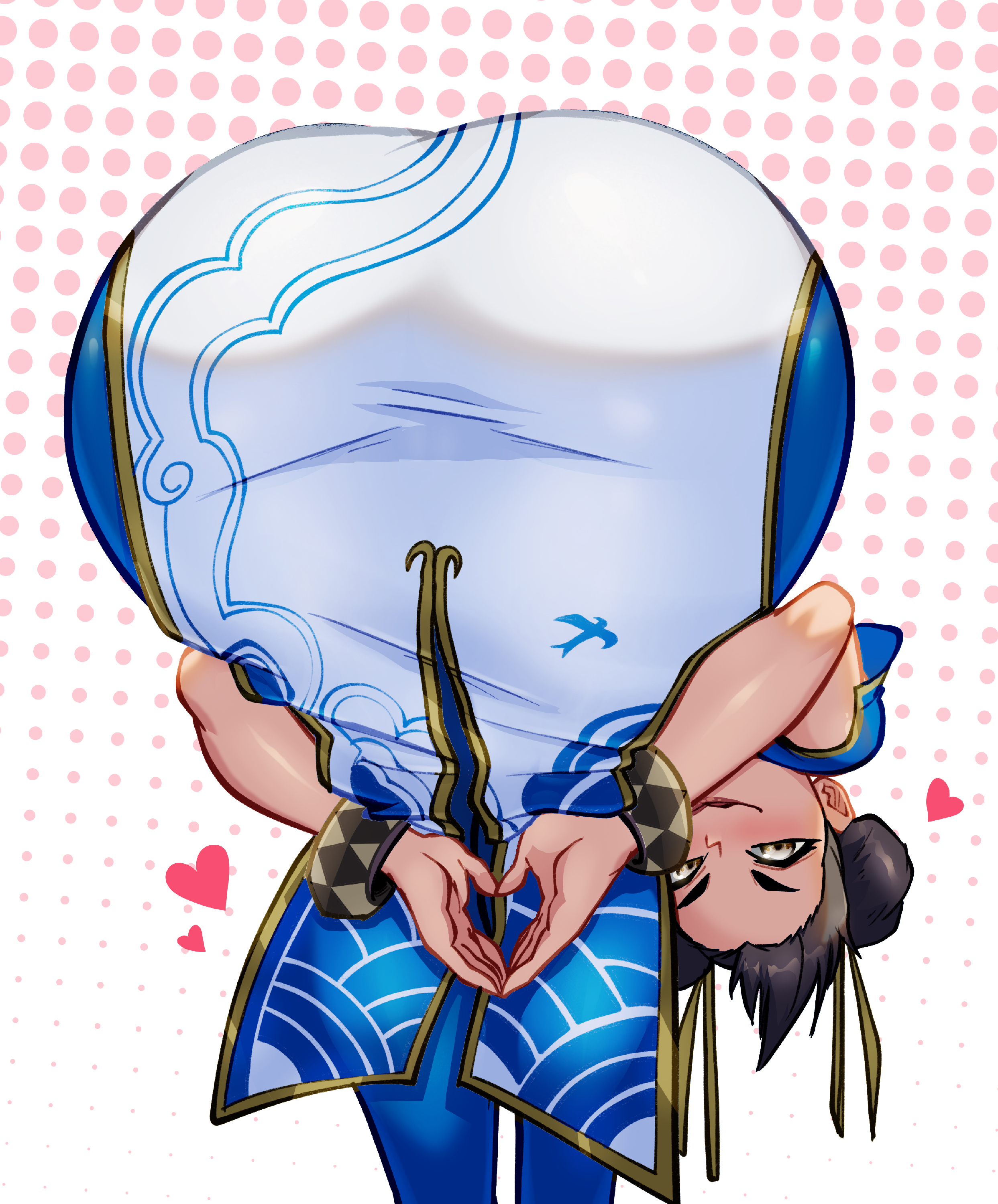 ass, bent over, brown eyes, brown hair, capcom, chun-li, chun-li (street fighter 6), curvy, double bun, female, female only, heart, heart hands, huge ass, looking at viewer, looking back, mesiasart, praise da booty (meme), short hair, smile, spiked bracelet, street fighter, street fighter 6, thick thighs, thighs, wide hips