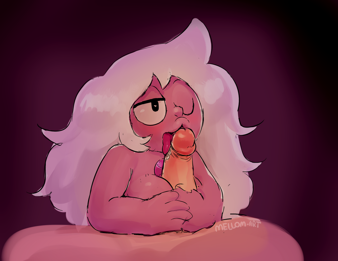 amethyst (steven universe), breasts, fellatio, female, male, mellom-art, open mouth, oral, penis, purple skin, steven universe, straight, tongue, tongue out, wink