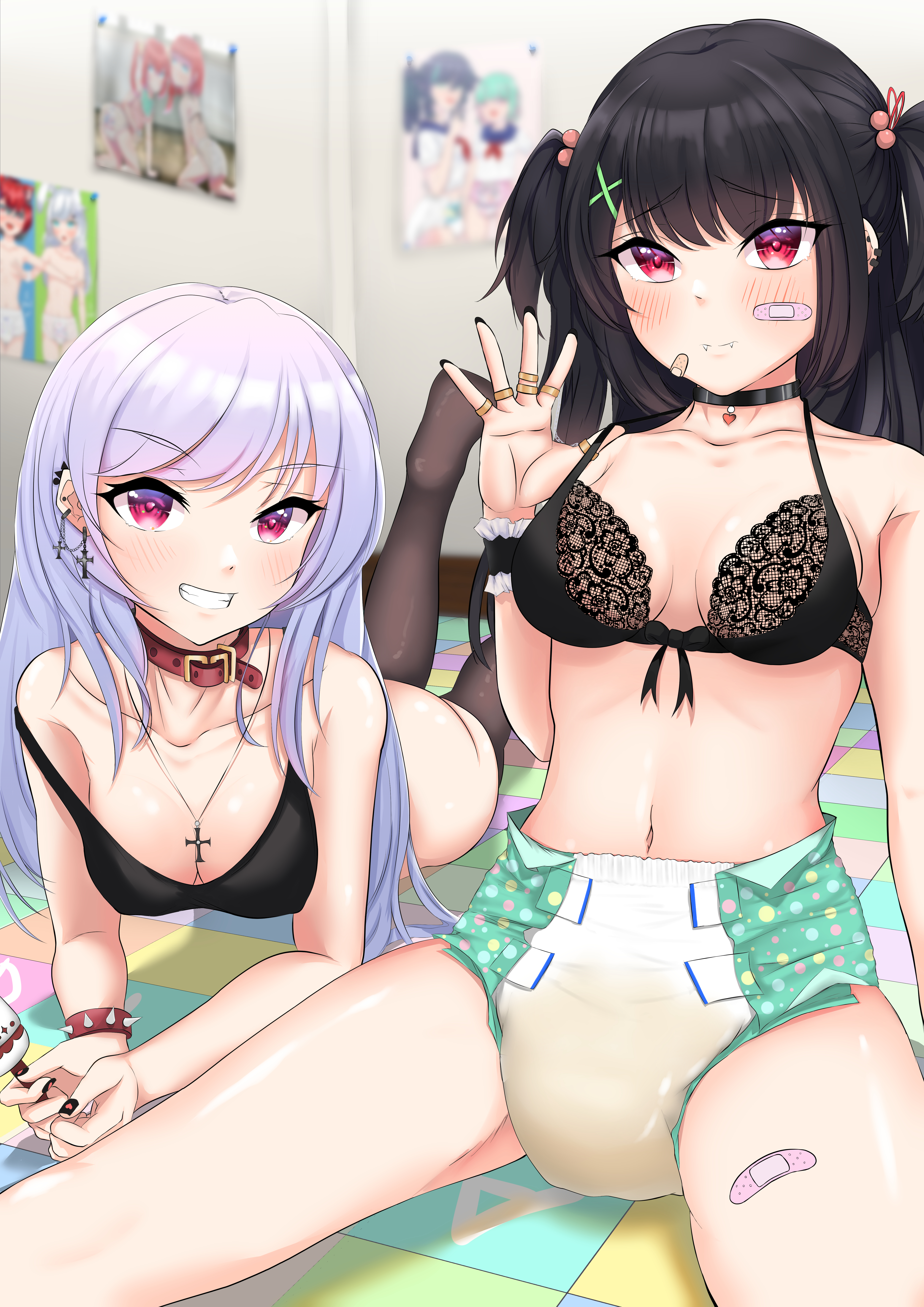 2girls, absurd res, black hair, bra, breasts, choker, collar, diaper, grey hair, highres, multiple girls, spread legs, sypztep, twintails, wet diaper