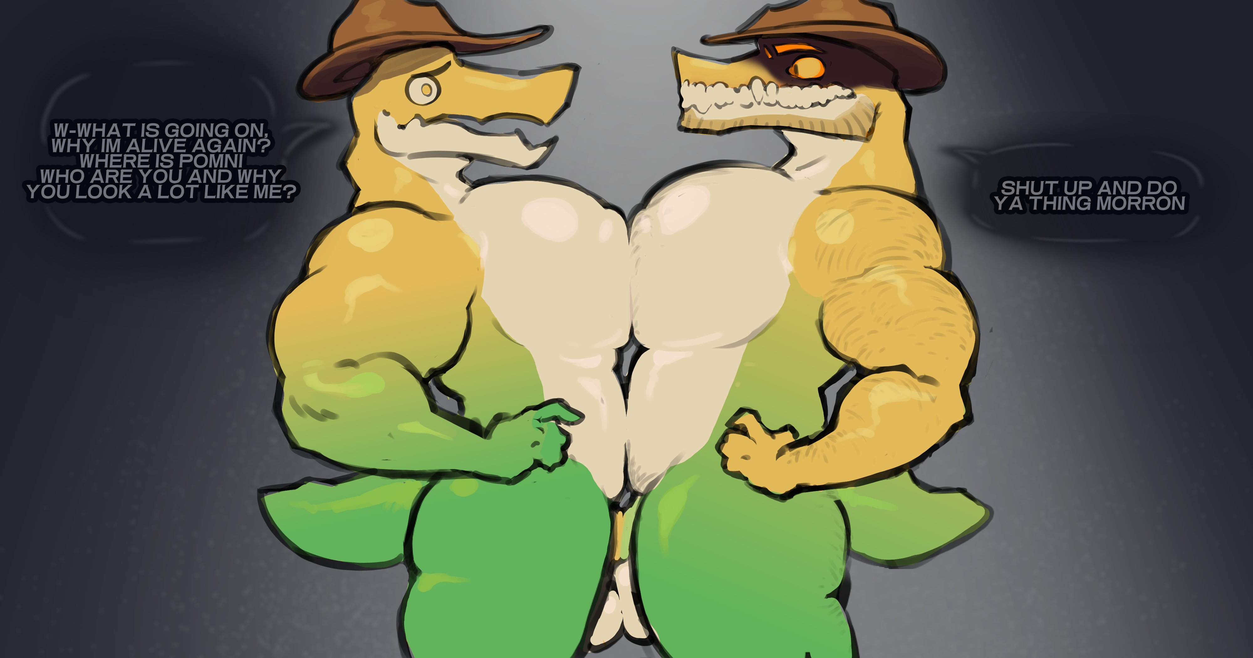 big pecs, bodies pressed together, cowboy hat, english dialogue, english text, evil gummigoo (tadc), facial hair, gummigoo (the amazing digital circus), male only, muscular male, penises touching, reptile, tagme, the amazing digital circus, yaperstuff18
