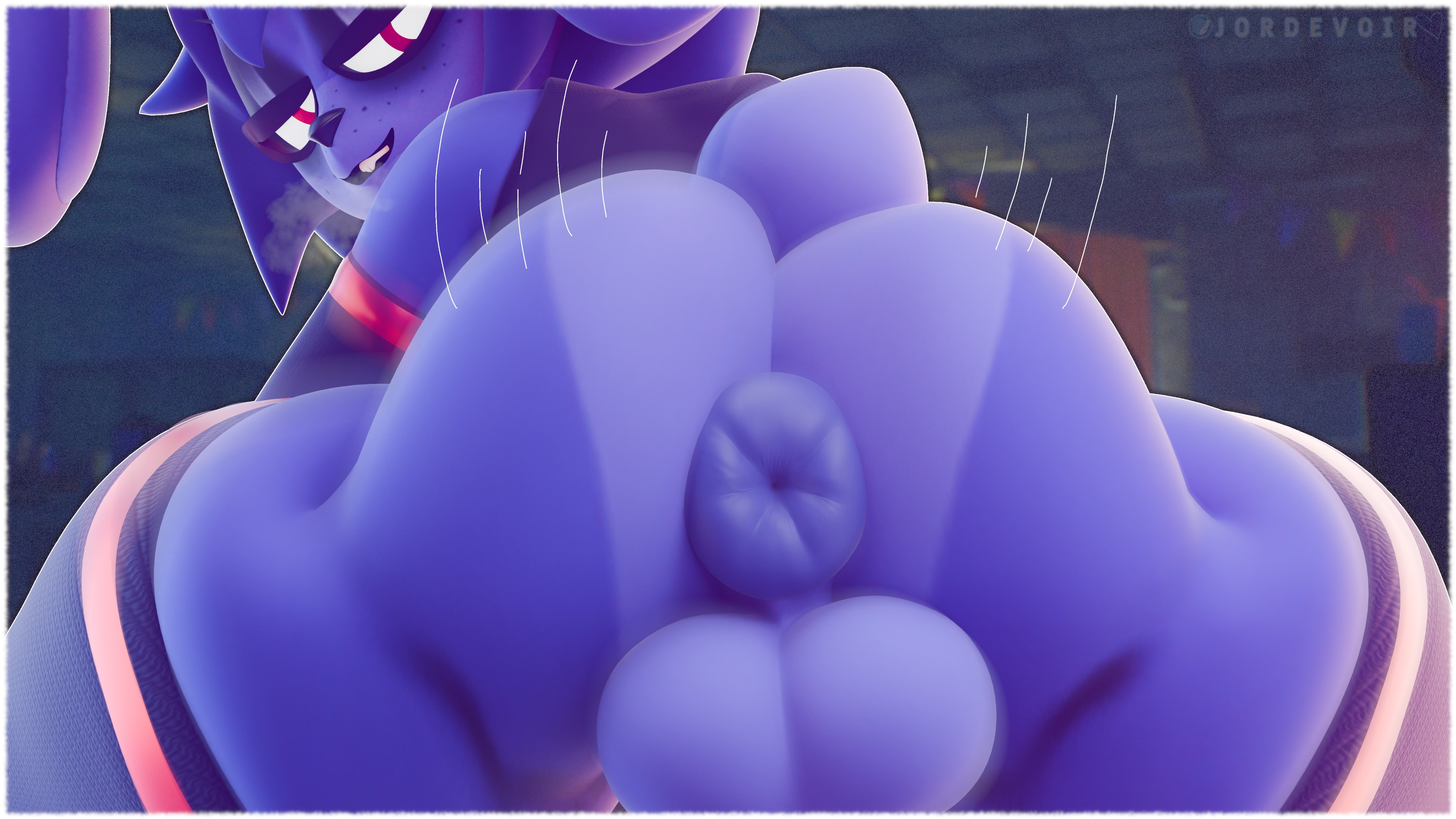 1girls, 3d, ass, ass cheeks, ass focus, asshole, balls, ballsack, bonnie (fnaf), bottomless, bunny, bunny girl, femboy, five nights at freddy's, freckles, jordevoir, leggings, looking at viewer, outie anus, playtime bonnie, purple body, purple fur, purple hair, red eyes, scottgames, solo, stockings, tail, testicles, twerk, twerking