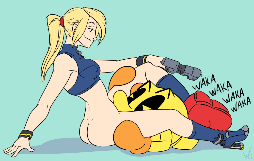 1boy 1girls ass blonde_hair bottomless breasts clothed clothing crossover cunnilingus duo female female_on_humanoid footwear gloves hair human human_on_humanoid humanoid inkasylum interspecies male mammal metroid nintendo oral pac-man pac-man_(series) ponytail samus_aran shoes signature simple_background sitting size_difference straight super_smash_bros. tank_top text unknown_species video_games weapon