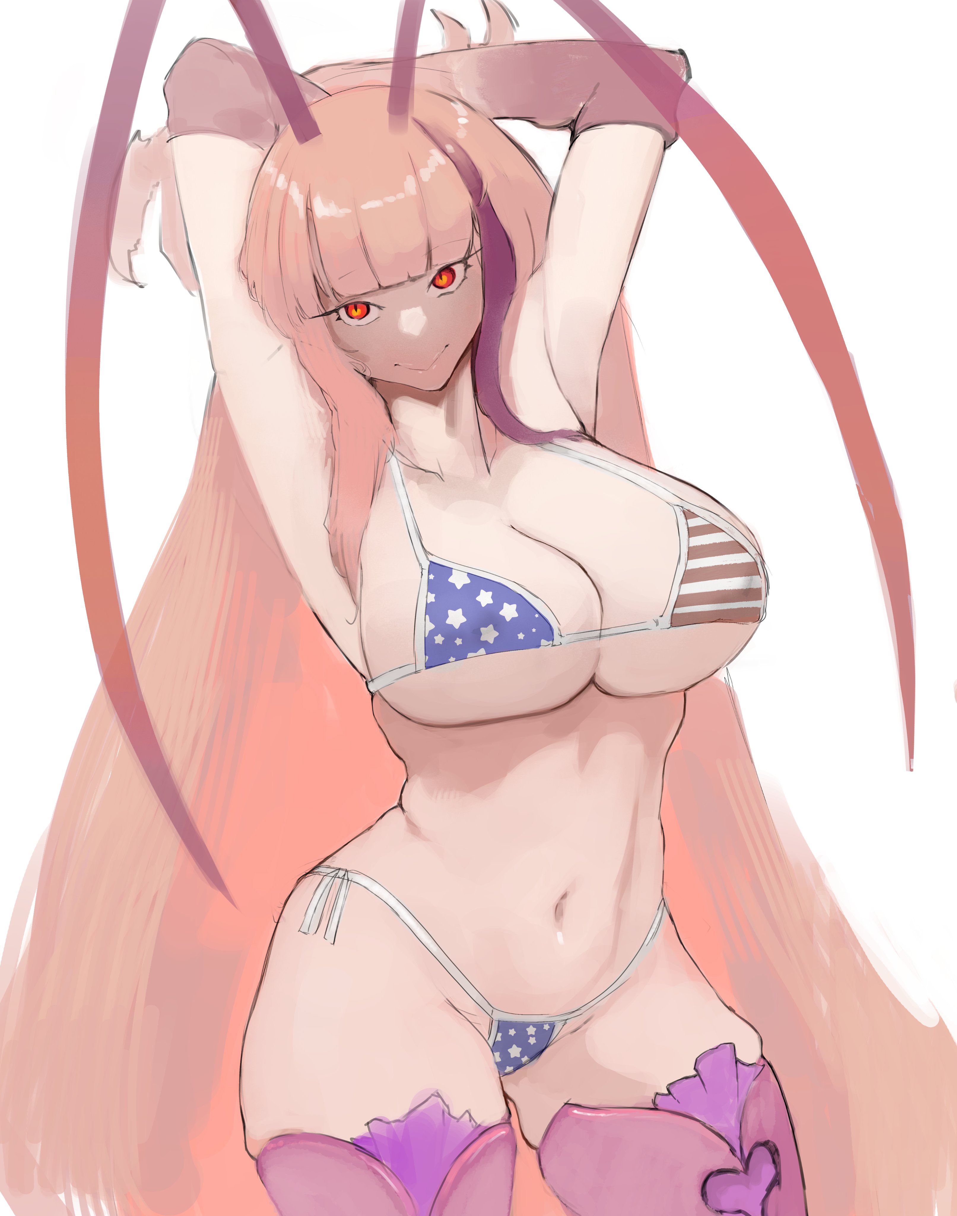 american flag bikini, antennae (anatomy), arms above head, bug girl, cleavage, huge breasts, looking at viewer, matara kan, micro bikini, orange eyes, pink hair, pink skin, slit pupils, smile, swimsuit, thick thighs, thighhighs, thong, unusual skin color, very long hair, virtual youtuber, ynonamai