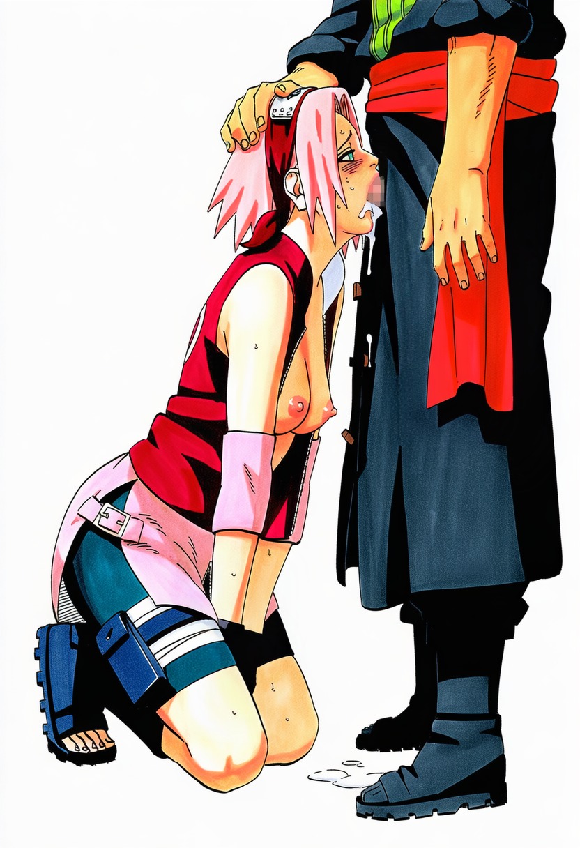 1boy, 1girls, accurate art style, ai generated, areola, areolae, between legs, bike shorts, black footwear, black gloves, black shorts, blowjob, blush, bodily fluids, boots, breasts, breasts apart, breasts out, clothing, crossover, cum, cum in mouth, cum on clothes, cum on ground, cum pool, cum puddle, cumdrip, deepthroat, duo, duo focus, elbow pads, elbow sleeve, erect nipples, erection, exposed breasts, fellatio, female, female focus, footwear, forehead protector, from side, full body, full color, gloves, green eyes, half-closed eyes, hand between legs, hand on another's head, hands between legs, head grab, head out of frame, headband, hetero, high resolution, highres, irrumatio, kneeling, konohagakure symbol, leg wrap, light skin, light-skinned female, line art, male, manga style, masashi kishimoto style, medium breasts, mosaic censoring, mouthful, naruto, naruto (series), naruto shippuden, ninja, nipples, no bra, official style, on knees, one piece, open clothes, open fly, open mouth, open shirt, open toe shoes, oral, overskirt, penis, perky breasts, pink hair, pink skirt, pirate, red headband, red shirt, roronoa zoro, sakura haruno, sandals, semen, semen in mouth, shiny hair, shiny skin, shirt, short hair, shorts, side slit, side view, simple background, skin tight, skirt, sleeveless, sleeveless shirt, soft shading, spandex, spandex shorts, spats, standing, straight, submissive, submissive female, sweat, sweatdrop, thigh holster, thigh pouch, thigh strap, tight clothing, toeless footwear, toes, unzipped, white background, zipper, zipper pull tab