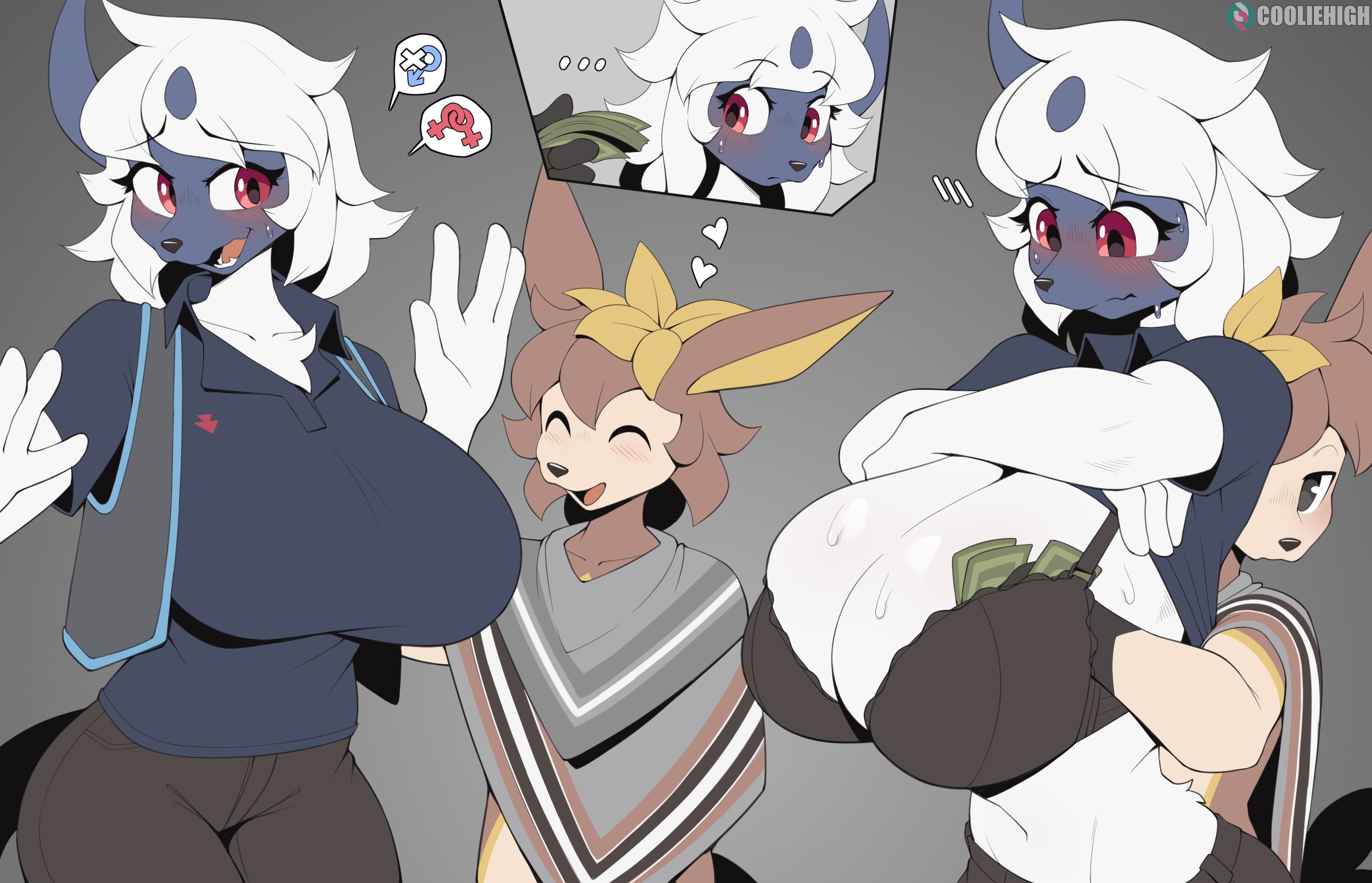 1boy, 1boy1girl, 1female, 1girl, 1girls, absol, anthro, big breasts, breasts, cleavage, cooliehigh, curvy, deerling, digital media (artwork), female, front view, fur, furry, furry female, furry only, generation 3 pokemon, generation 5 pokemon, hair, horn, lesbian with male, looking at viewer, male, mammal, nintendo, open mouth, orientation play, pokemon, pokemon (species), prostitution, red eyes, sky, solo, standing, tail, white body, white fur, white hair