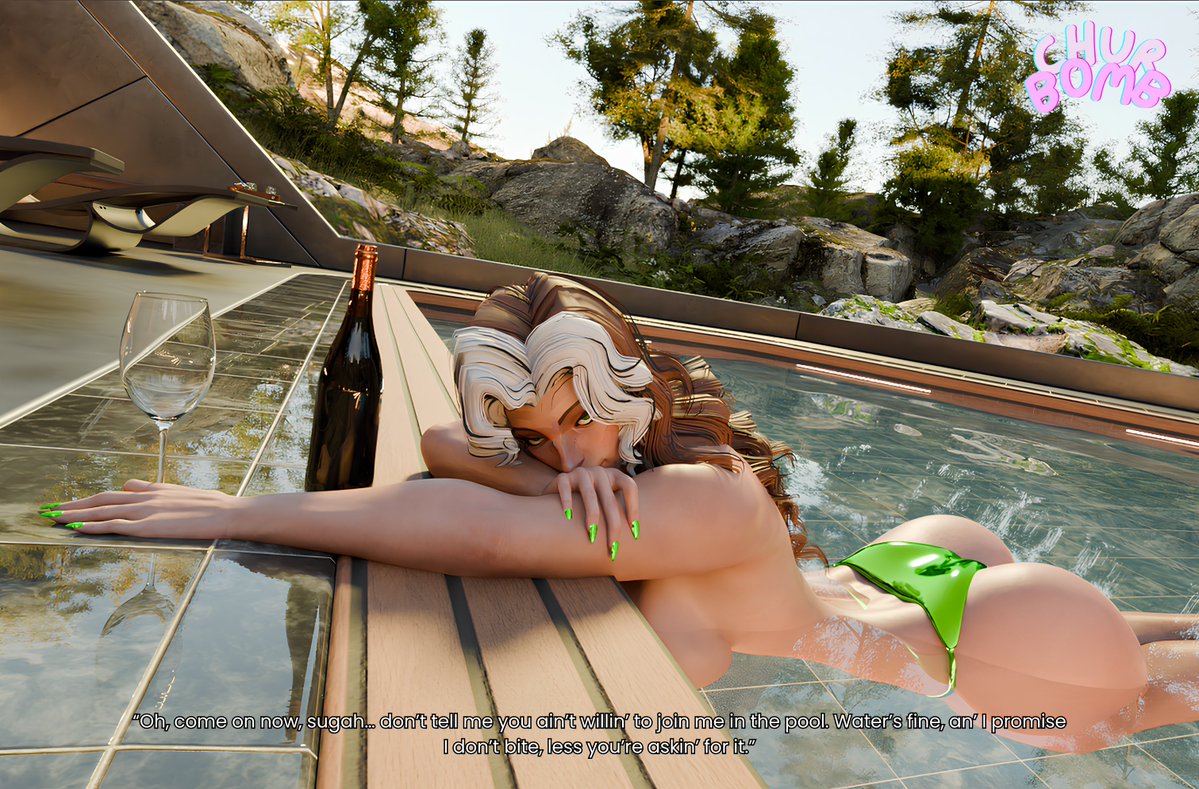 1girls, 3d, anna marie, big ass, big breasts, churbumb, huge ass, looking at viewer, marvel, marvel rivals, pool, rogue (marvel rivals), rogue (x-men), solo, text, x-men