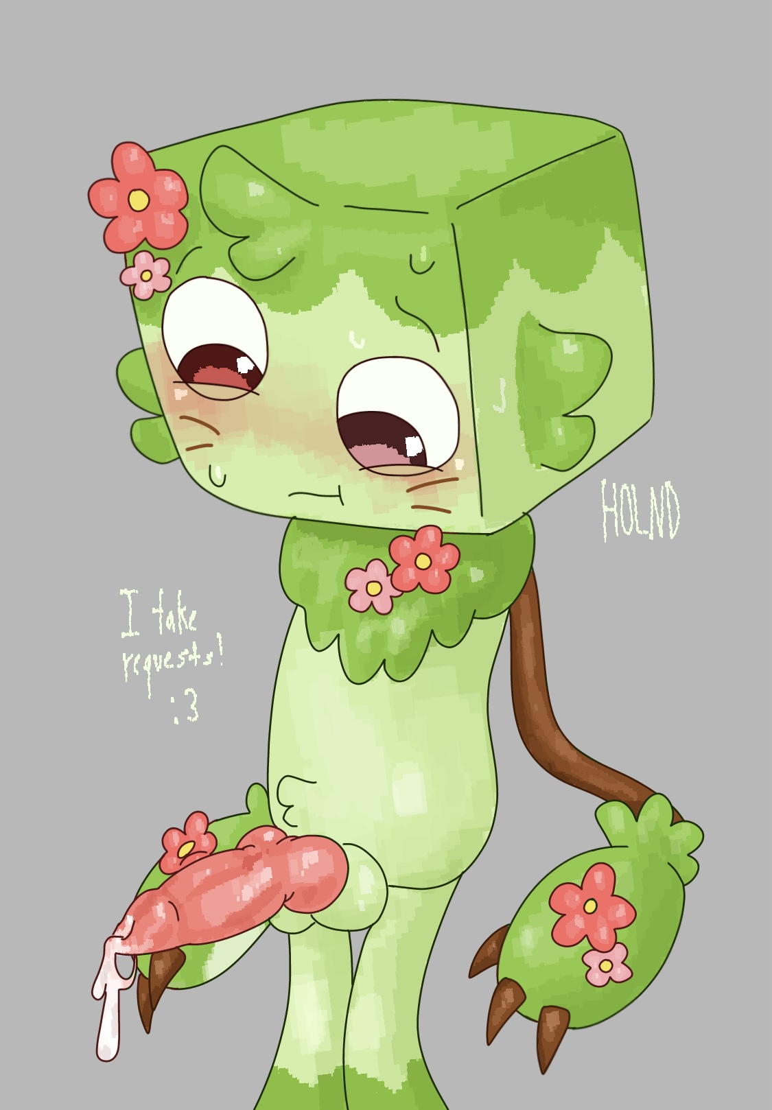 cheek tuft, chest tuft, dandy's world, dandys world, erect penis, erected penis, erection, excessive precum, flowers, fluffy cheeks, fluffy chest, garden blossoms goob, goob (dandy's world), heterochromia, holnd, knot, knot root, knotted penis, leaking, leaking cum, leaking precum, looking at erection, looking at penis, looking down, pink cock, precum, precum drip, precum on penis, thick penis