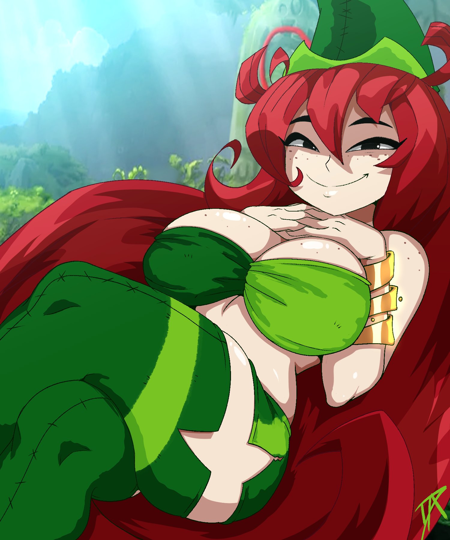 1girls, betilla (rayman), big breasts, black eyes, breasts, cleavage, dalley le alpha, fairy, female, female only, freckles, freckles on breasts, freckles on face, freckles on shoulders, green skirt, green thighhighs, hat, headwear, legs crossed, legwear, long hair, nymph (rayman), rayman (series), rayman origins, red hair, skirt, smile, solo, solo female, thick thighs, thighhighs, thighs