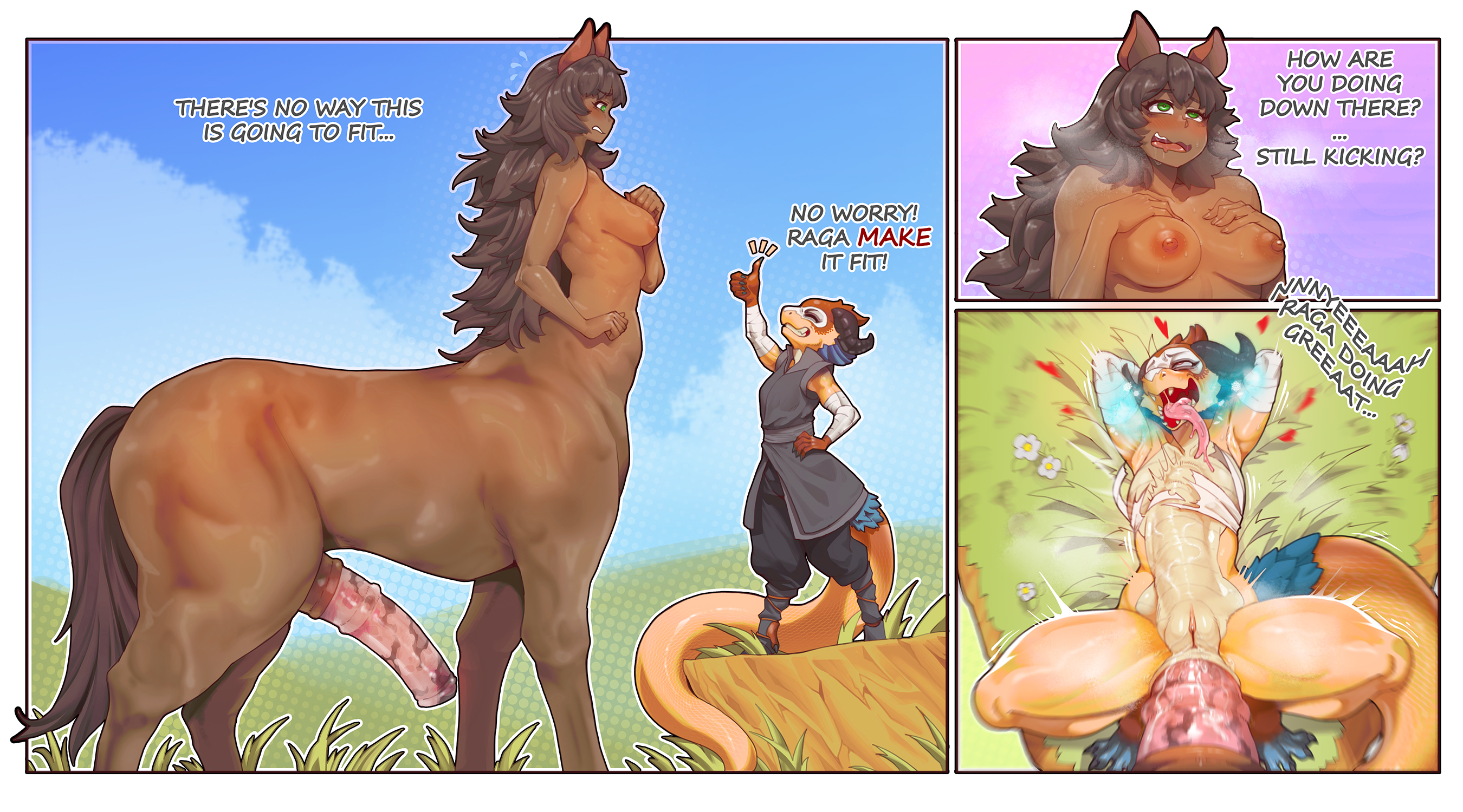 1girl, anal, anal penetration, ayaqerb, barefoot, centaur, centaur futa, feet, futa on female, futanari, futataur, horsecock, horsecock futa, horsecock futanari, kobold, lizard, lizard girl, monster girl, penis, size difference, stomach bulge, stomach deformation, taur