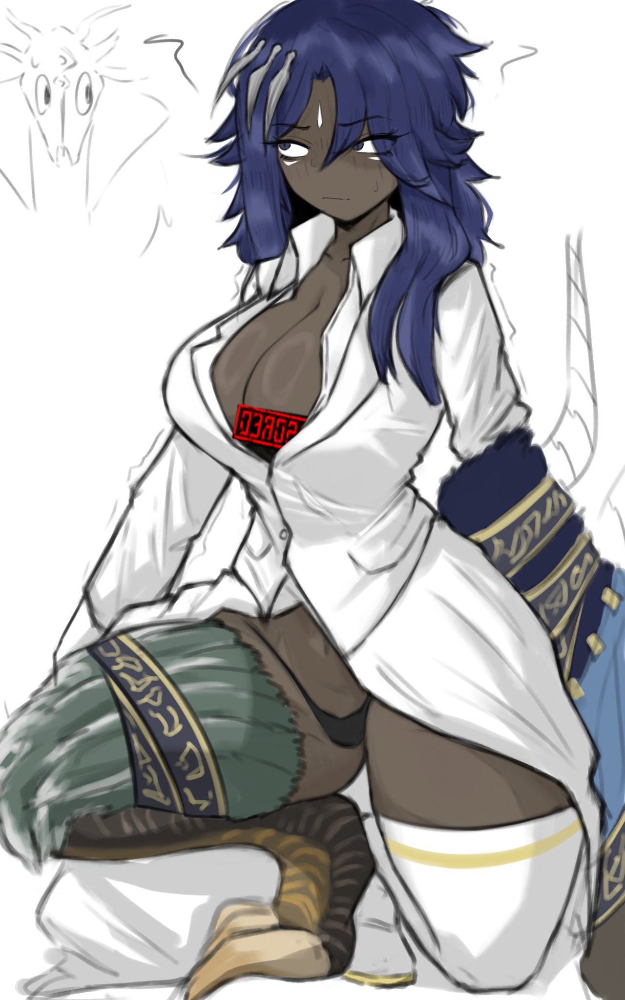 1girls, big breasts, big thighs, blue hair, breasts, breasts out, censored, collarbone, emile beniot (limbus company), female, female focus, female only, limbus company, long hair, looking away, panties, project moon, rufo (limbus company), solo, solo female, solo focus, suggestive, suggestive pose, swibitea, swibitea (artist), tagme, tagme (artist), thick hips, thick legs, thick thighs, thighhighs, thighs, unbuttoned, unbuttoned shirt