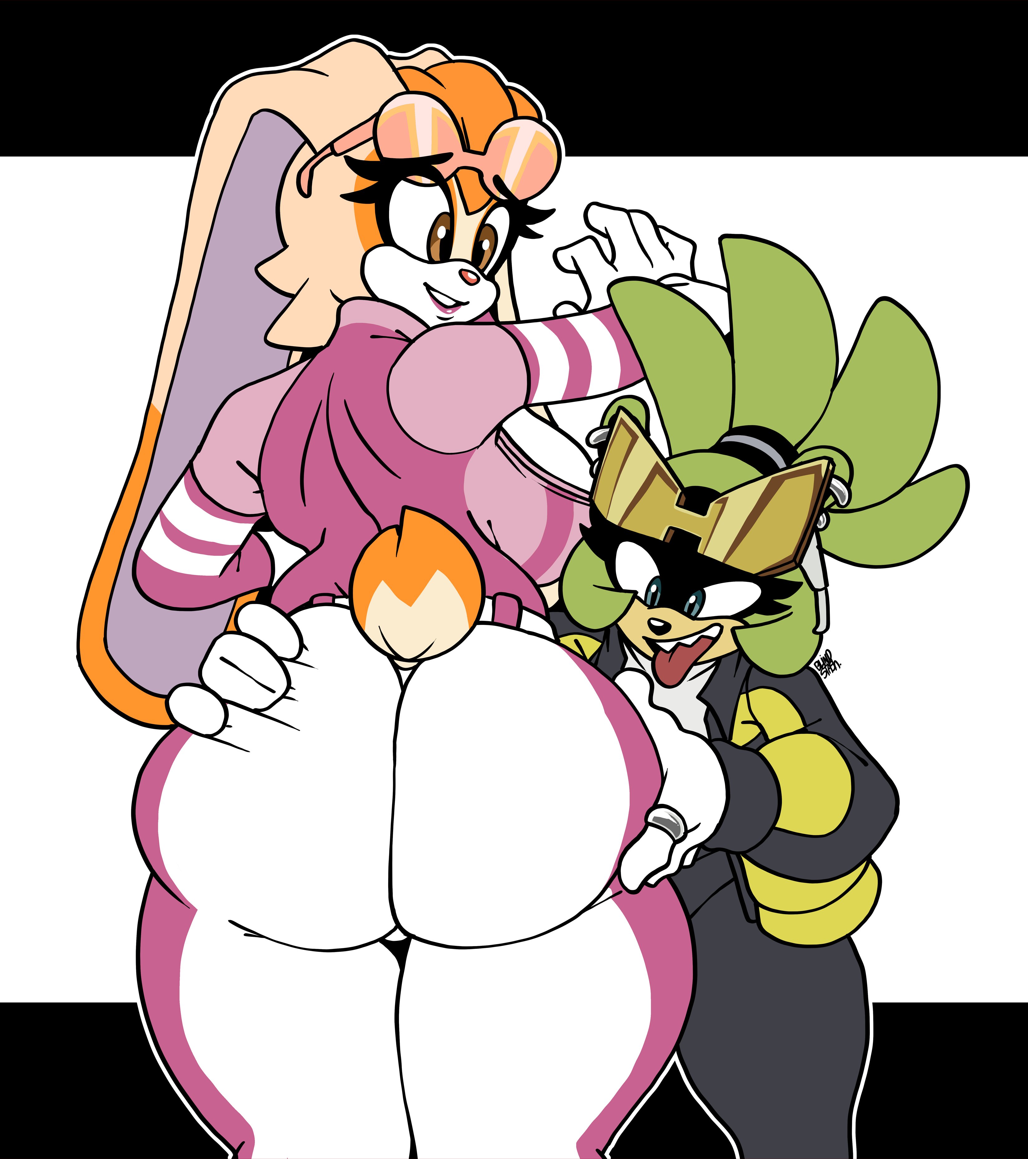 2girls, animal tail, anthro, ass, ass focus, assisted presentation, back view, backboob, big ass, big breasts, blindstash, blue eyes, bodysuit, brown eyes, bunny ears, bunny tail, ear piercing, earrings, female, female only, grabbing ass, green body, green skin, hands on ass, handwear, headwear, huge ass, lagomorph, looking back, mature, mature female, mature woman, milf, mother, racing suit, ring, sega, sharp teeth, sonic (series), sonic the hedgehog (comics), sonic the hedgehog (series), sunglasses, sunglasses on head, surge the tenrec, tongue, tongue out, vanilla the rabbit, white bodysuit, yellow bodysuit