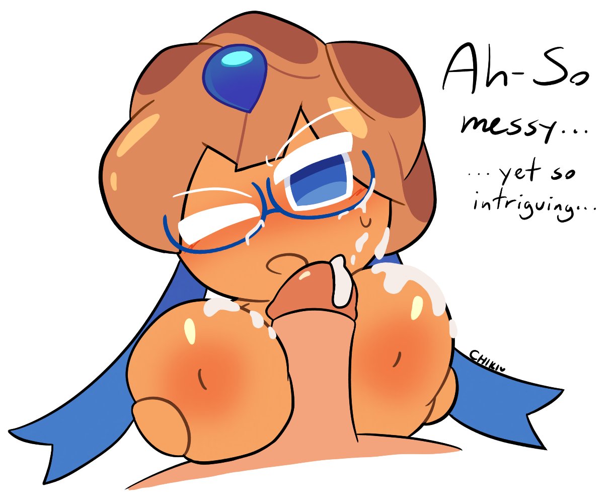 1boy, 1girls, after sex, artist name, artist signature, blueberry pie cookie, blush, boobjob, breasts, chikidoodlez, cookie run, cookie run kingdom, cookie run ovenbreak, cum, cum on breasts, cum on face, cum on glasses, dialogue, glasses, male/female, one eye closed, paizuri, ribbon, tirazyy