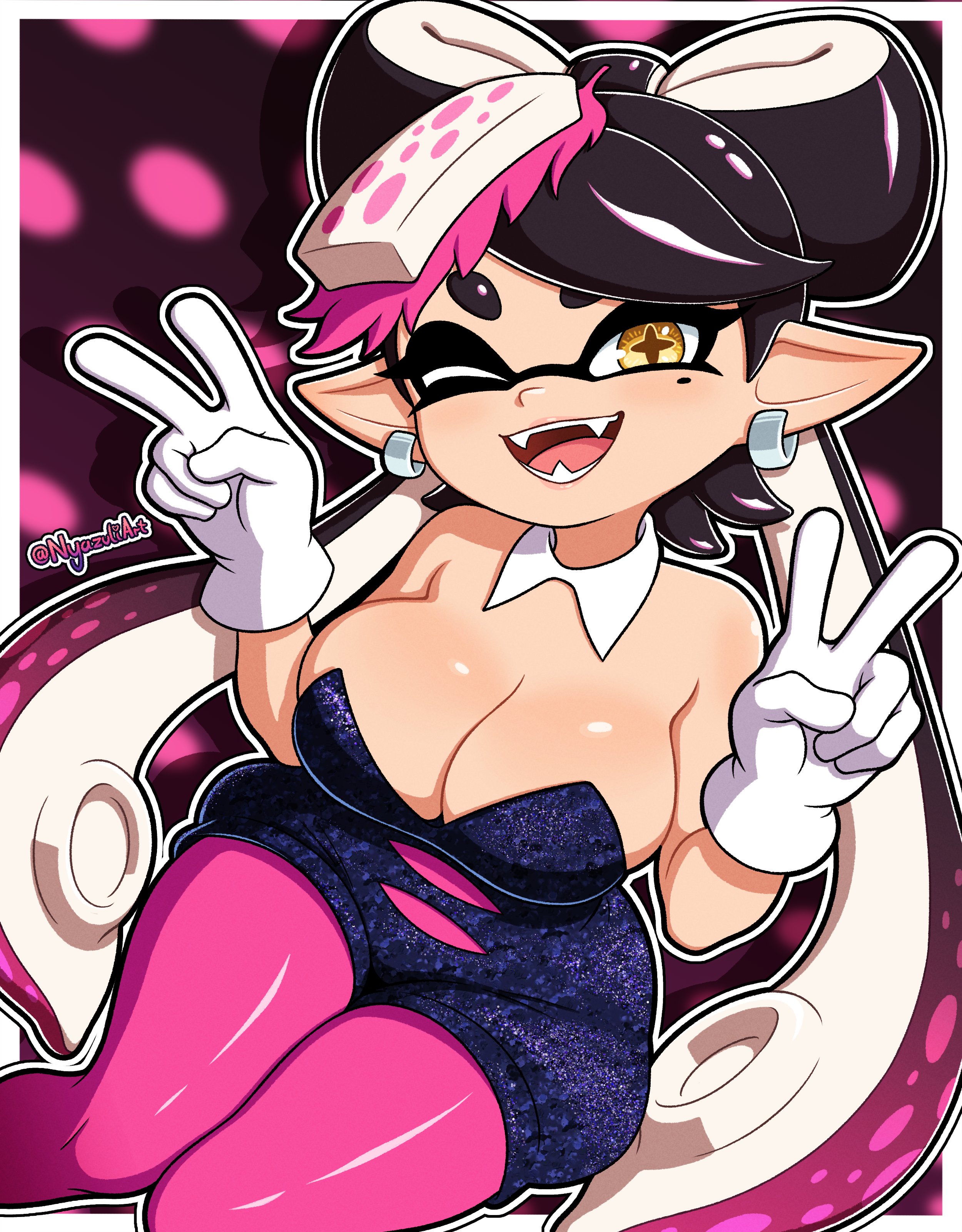 1girl, absurdres, artist name, bare shoulders, big breasts, breasts, callie (splatoon), cleavage, detached collar, earrings, gloves, hair ornament, highres, huge breasts, inkling, jewelry, large breasts, long hair, looking at viewer, mole, mole under eye, multicolored hair, nintendo, nyazuliart, one eye closed, pointy ears, shiny skin, splatoon, splatoon (series), splatoon 1, star (symbol), star-shaped pupils, symbol-shaped pupils, tentacle hair, thighs, two-tone hair, v, white gloves, yellow eyes