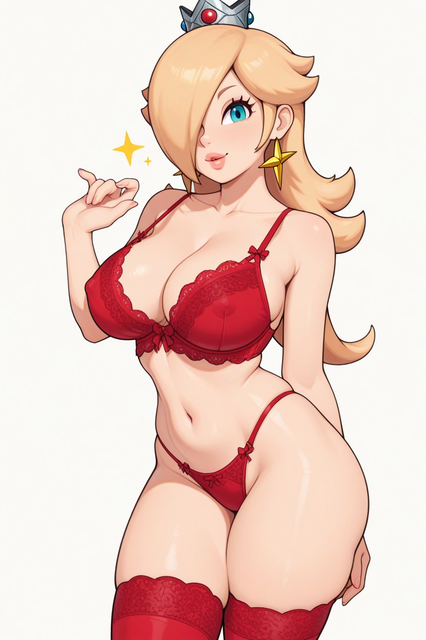 1female, 1girls, 1human, ai, ai generated, big breasts, blonde, blonde female, blonde hair, blonde hair female, blonde-haired female, bra, breasts, crown, earings, empty background, female only, frosting.ai, g-string, gorgeous, hair covering eye, hair covering one eye, hand up, human, human female, human only, legwear, light blue eyes, lingerie, lips, long hair, looking at viewer, mario (series), nintendo, nipple outline, non-nude, one eye covered, one eye obstructed, one eye visible, panties, princess rosalina, red bra, red g-string, red legwear, red lingerie, red panties, red stockings, red underwear, rosalina, rosalina (mario), silver crown, solo, standing, stockings, super mario galaxy, thick thighs, thighs, tummy, underwear, white background, yellow earrings