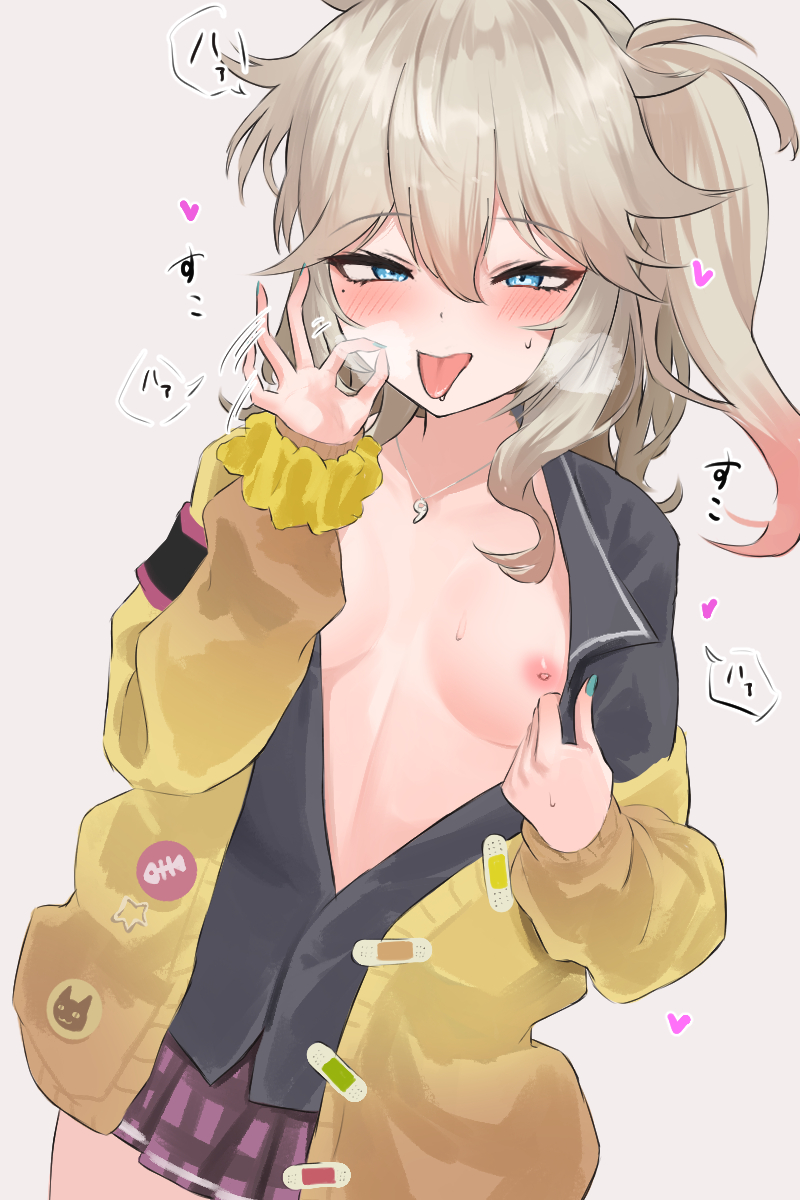 1girls, blush, breasts, eru aise, fellatio gesture, female, kasukabe tsumugi, looking at viewer, nipples, tongue, tongue out, voicevox