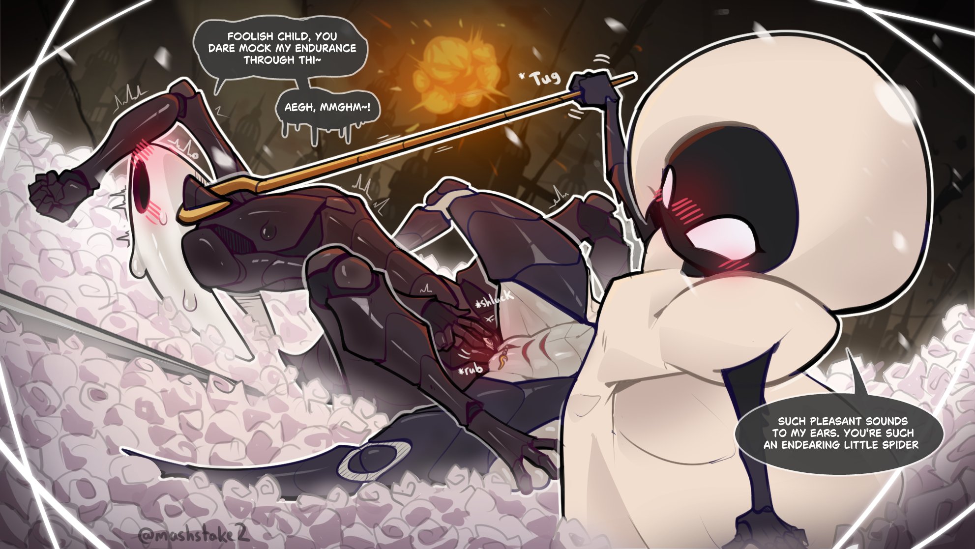 2girls, black body, blush, blush lines, blushing, blushing female, bug, bug girl, dialogue, hollow knight, hollow knight (franchise), hollow knight: silksong, hornet (hollow knight), insect, insect girl, lace (hollow knight: silksong), lace (hollow knight), lesbian, mashedsteak2.0, rubbing pussies together, scissoring, scissoring position, silksong, spider, spider girl, team cherry, tribadism, white body, yuri