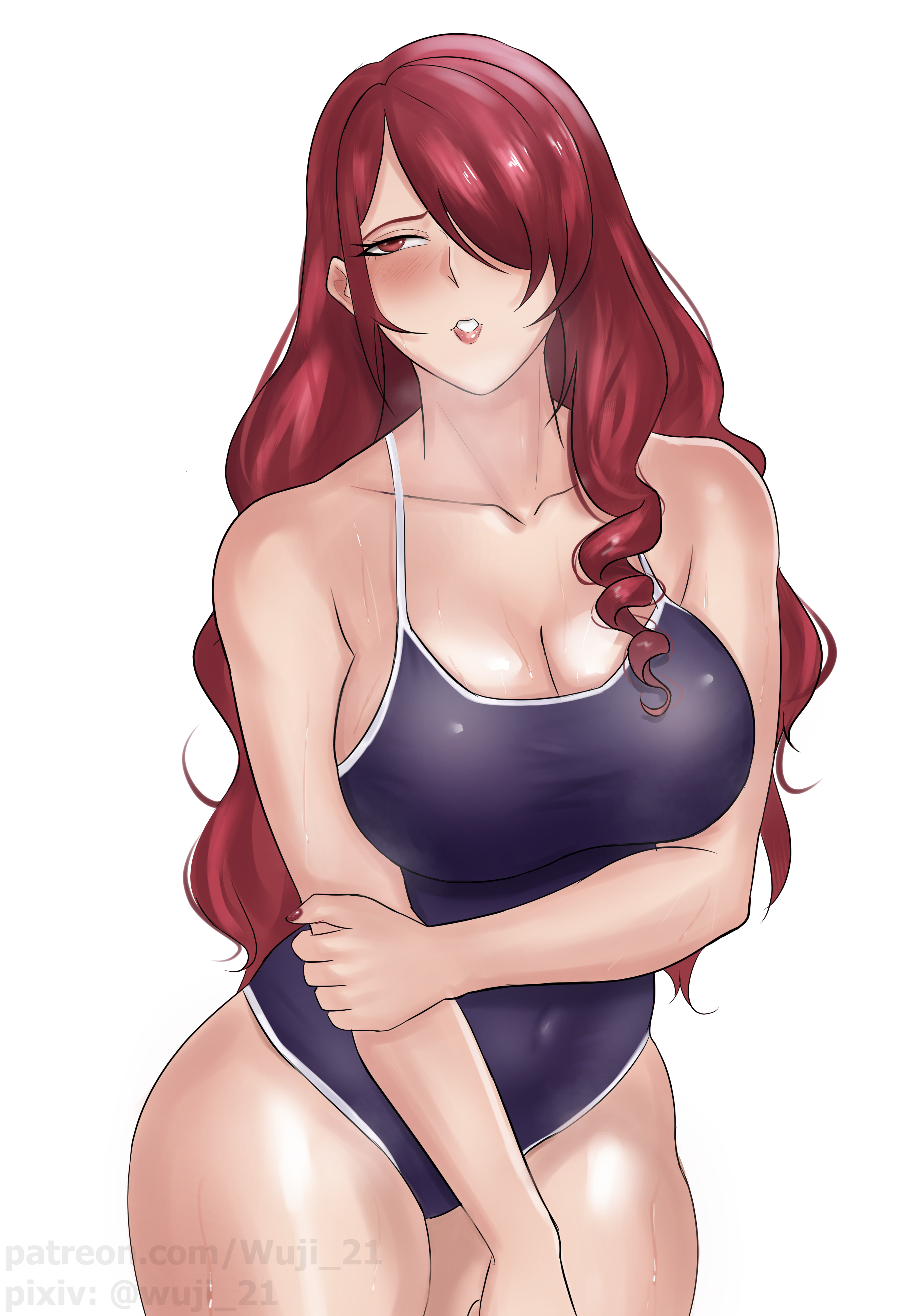 1girls, big breasts, embarrassed, embarrassed female, kirijou mitsuru, mitsuru kirijo, persona, persona 3, red hair, school swimsuit, swimsuit, thick thighs, wuji 21