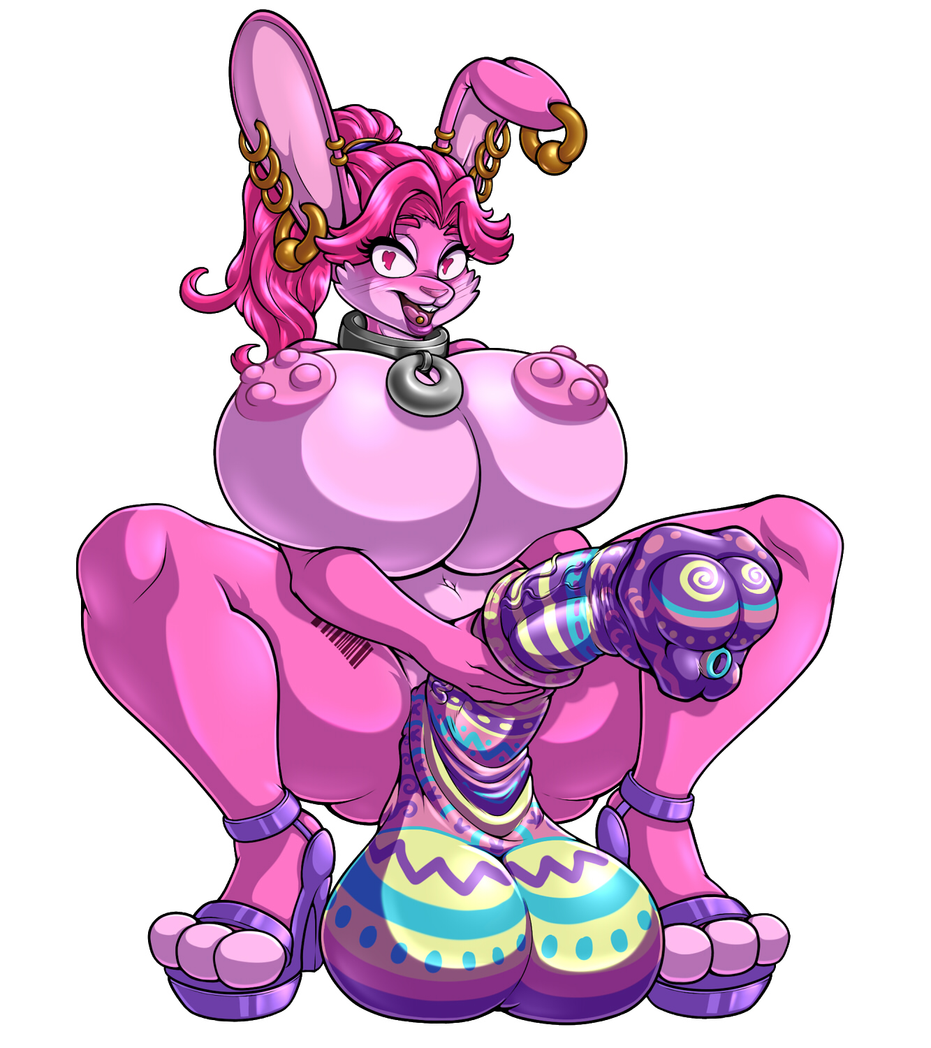 1futa, adjatha, animal genitalia, animal penis, anthro, areolae, balls, barcode tattoo, breasts, character request, dickgirl, ear piercing, erection, facing viewer, full body, full-package futa, furry, futa only, futanari, heart-shaped pupils, high heels, high ponytail, horsecock, huge balls, huge breasts, huge cock, huge testicles, intersex, laquine, looking at viewer, nipples, nude, nude futa, painted balls, painted cock, painted penis, penis, pink fur, pink hair, rabbit ears, rabbit humanoid, simple background, solo, solo futa, spread legs, squatting, testicles, tongue piercing, trials in tainted space, uncensored, white background