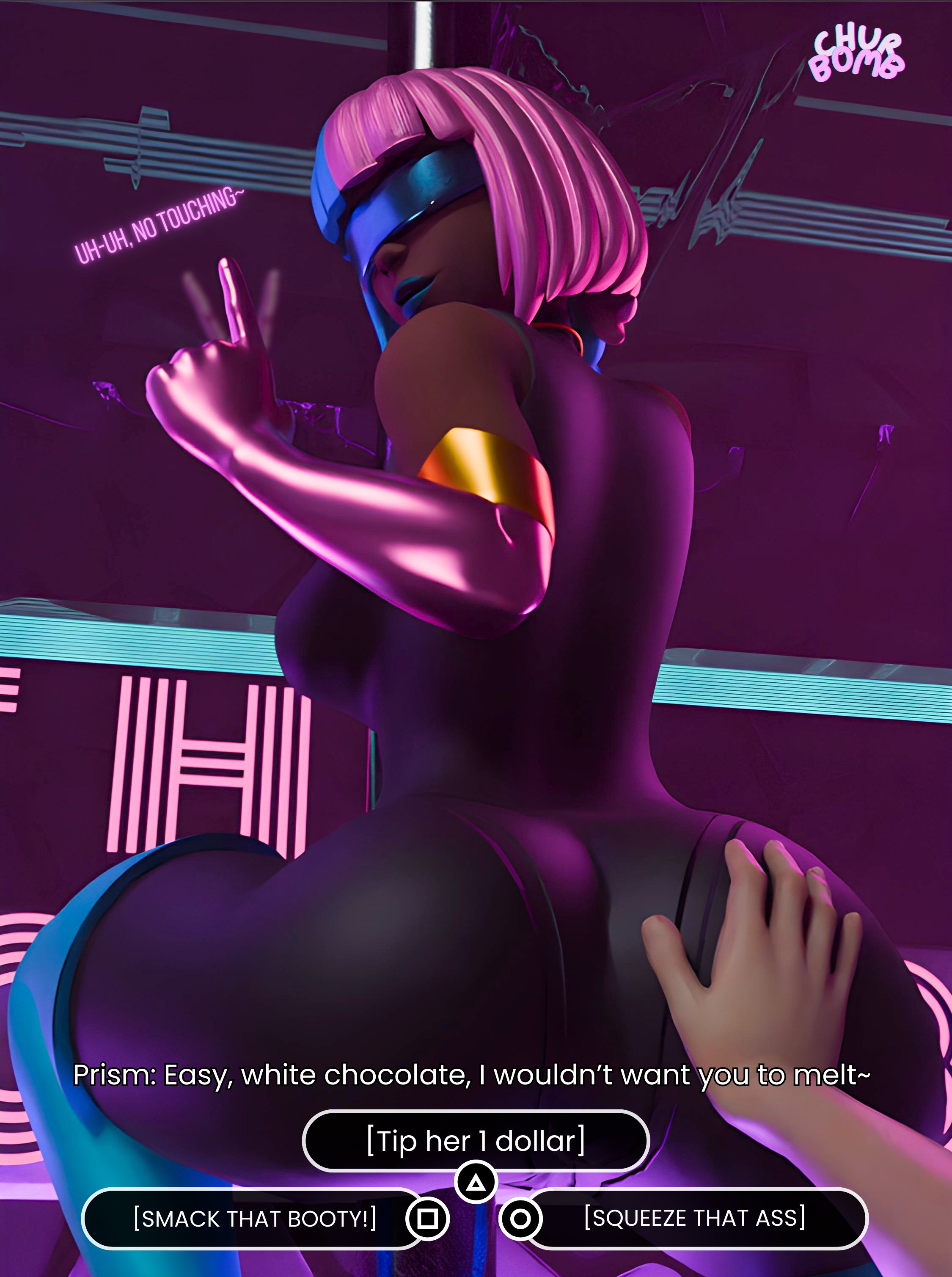 1boy, 1girls, 3d, big ass, churbumb, dat ass, dispatch (game), gameplay mechanics, grabbing ass, looking at viewer, looking back, prism, text, tinted eyewear