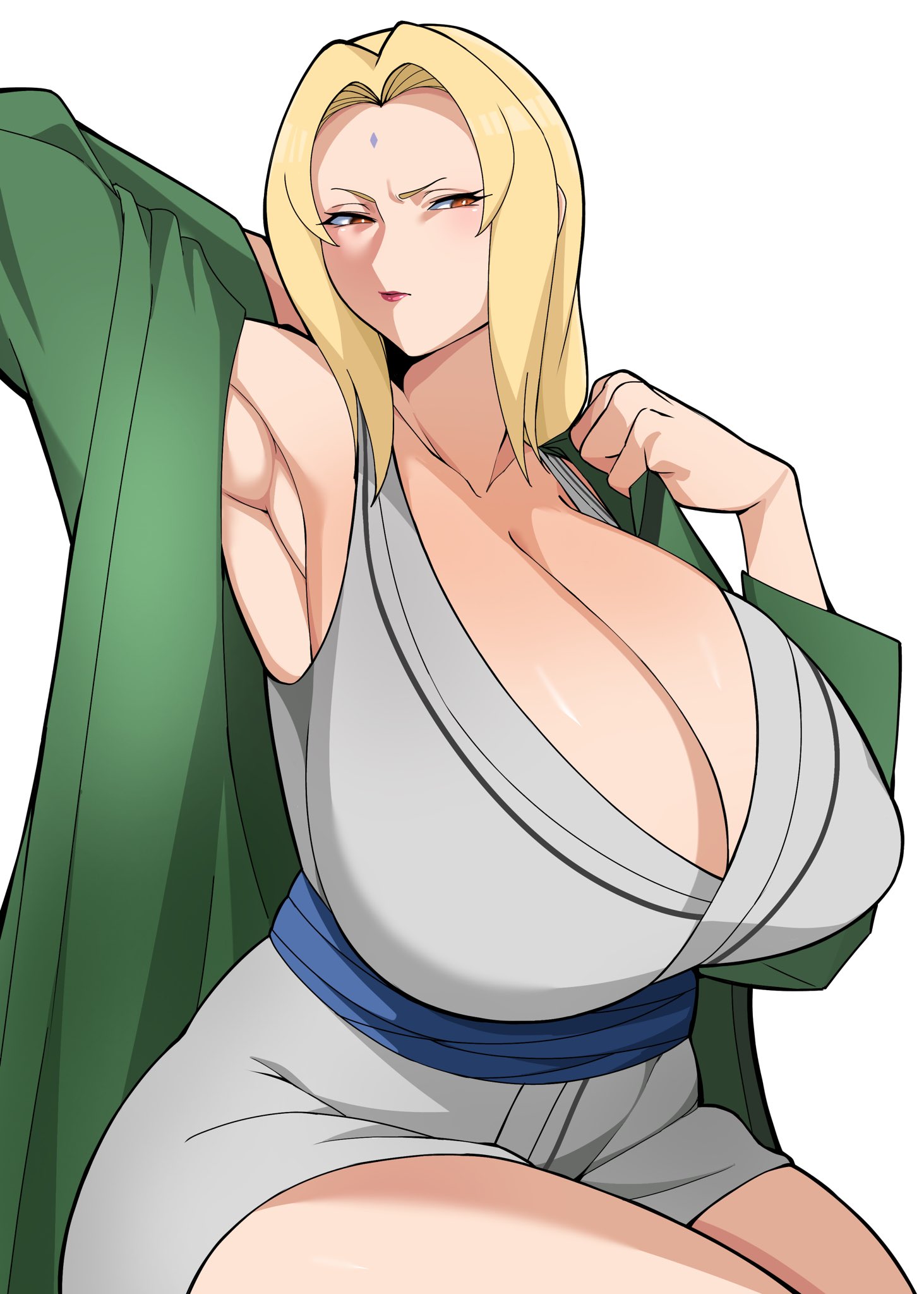 1girls, airi akura, arm behind head, arm up, armpits, big breasts, blonde hair, breasts, breasts bigger than head, brown eyes, cleavage, clothing, female, female only, forehead jewel, green robe, hair, huge breasts, large breasts, mature, mature female, mature woman, milf, naruto, naruto (series), robe, solo, solo female, thick thighs, thighs, tsunade, white background