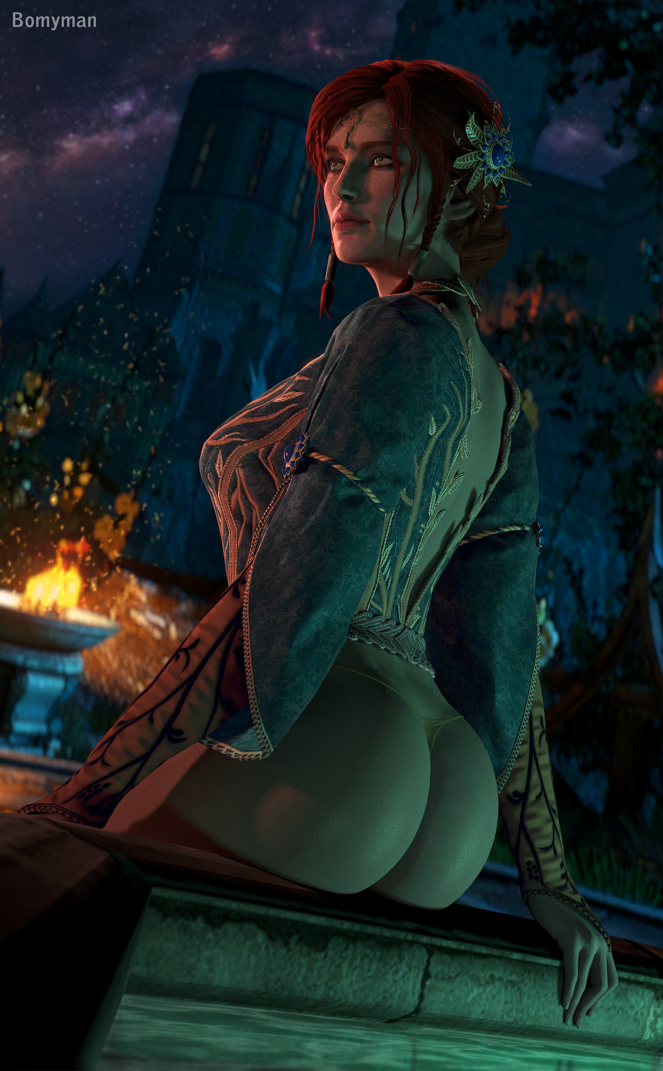 1girls, 3d, absurdres, alternate costume, ass, bomyman, bridal gauntlets, cd projekt red, female, female only, green eyes, hair ornament, highres, red hair, solo, source filmmaker, the witcher (series), the witcher 3: wild hunt, thong, triss merigold