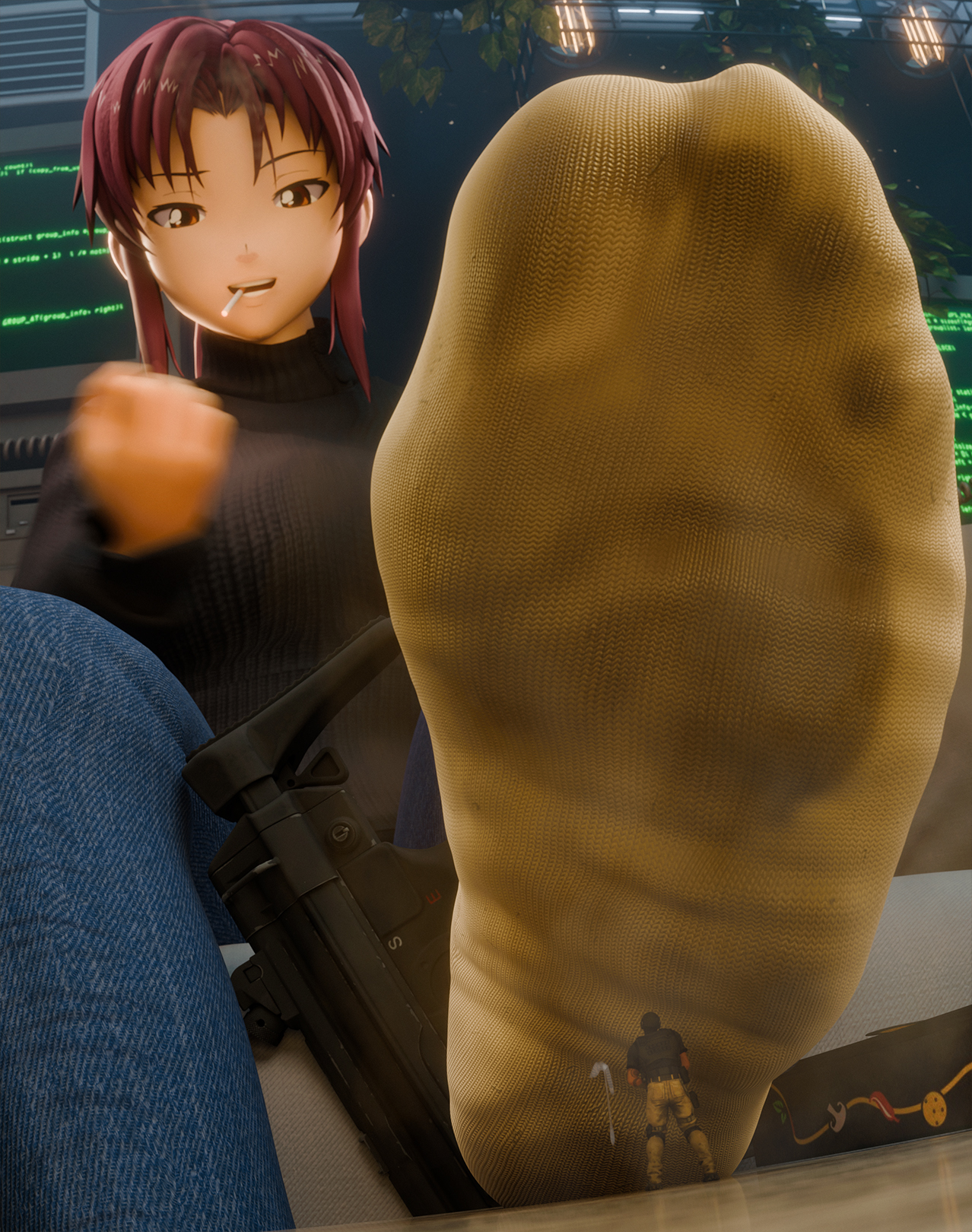 1boy, 1girls, 2025, 3d, amused, black lagoon, cigarette, cigarette in mouth, color, cum, cum on feet, cum on socks, dirty, dirty socks, feet, female, foot fetish, forced, forced masturbation, forced orgasm, gesture, giantess, gun, humiliation, jeans, larger female, low-angle view, macro, male, masturbation, masturbation gesture, micro, motion blur, polyphius, red hair, revy, revy (black lagoon), smaller male, smoking, socks, tomboy, turtleneck