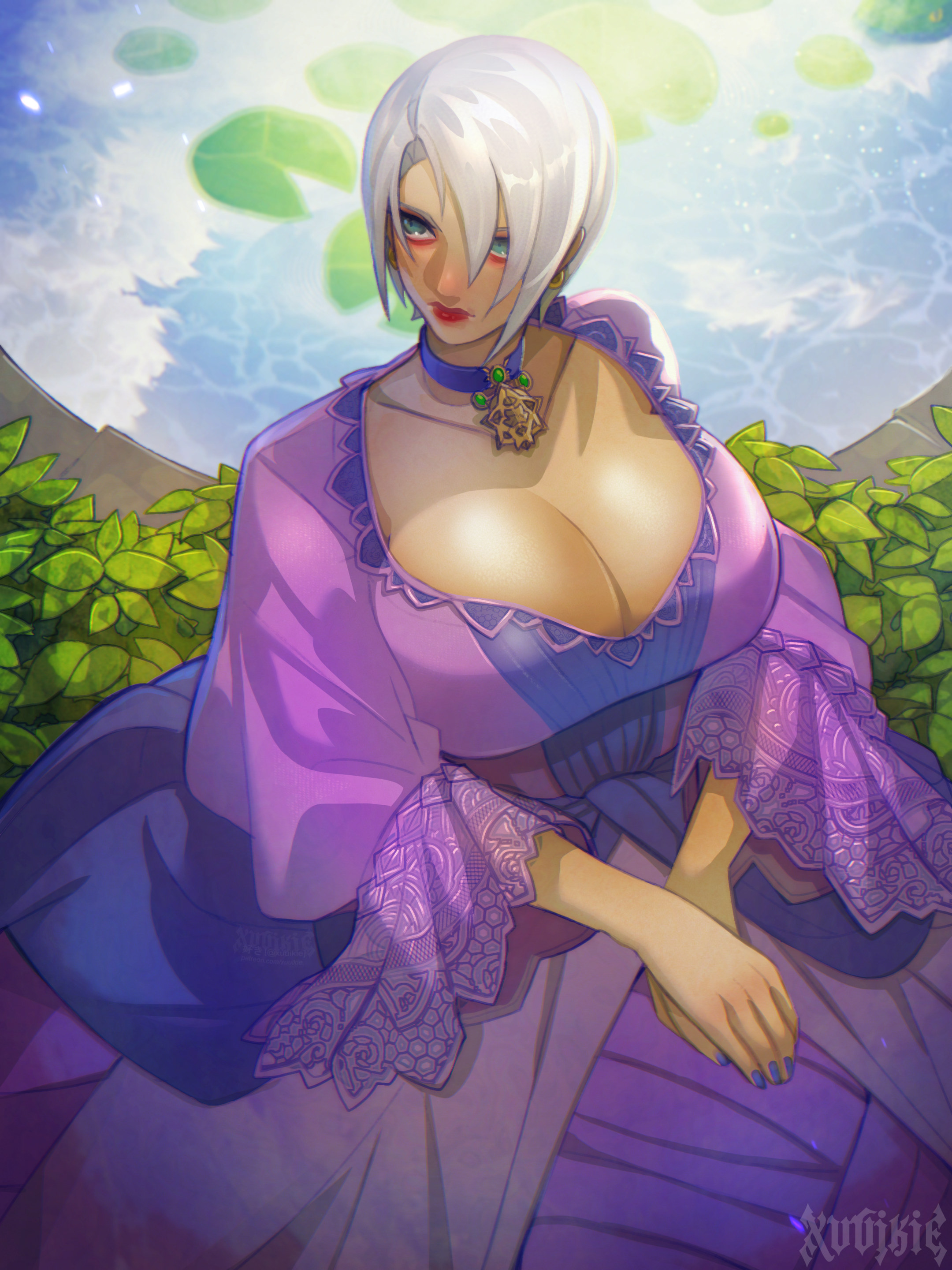 1girls, alt girl, bandai namco, blue eyes, cleavage, cleavage dress, dommy mommy, female only, gothish, isabella valentine, light-skinned female, massive breasts, mature, mature female, purple dress, short hair female, soul calibur, voluptuous female, white hair female, xuuikie ashe