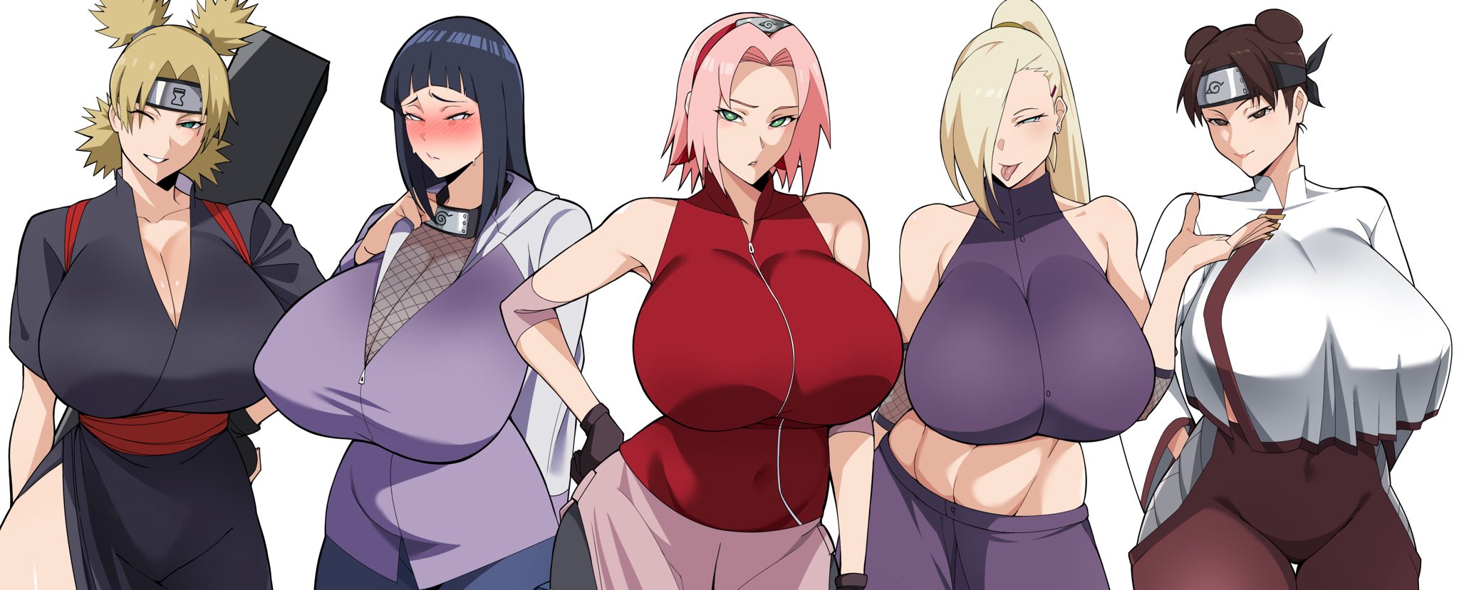 5girls, airi akura, alternate version available, arms behind back, big breasts, black hair, black robe, blonde hair, blue eyes, blush, blushing, bodysuit, bottomwear, breasts, brown eyes, brown hair, cleavage, clothing, double bun, female, female only, fingerless gloves, gloves, green eyes, hair, hair bun, hair over one eye, half-closed eyes, hand on hip, haruno sakura, headband, headwear, hips, huge breasts, hyuuga hinata, ino yamanaka, jacket, large breasts, long hair, mature, mature female, mature woman, multiple girls, naruto, naruto (series), naruto shippuden, one eye closed, pink hair, ponytail, purple eyes, purple jacket, robe, sakura haruno, seductive, seductive look, short hair, smile, temari, tenten, thighs, tied hair, tongue, tongue out, topwear, twin drills, white background, wink, winking, yamanaka ino