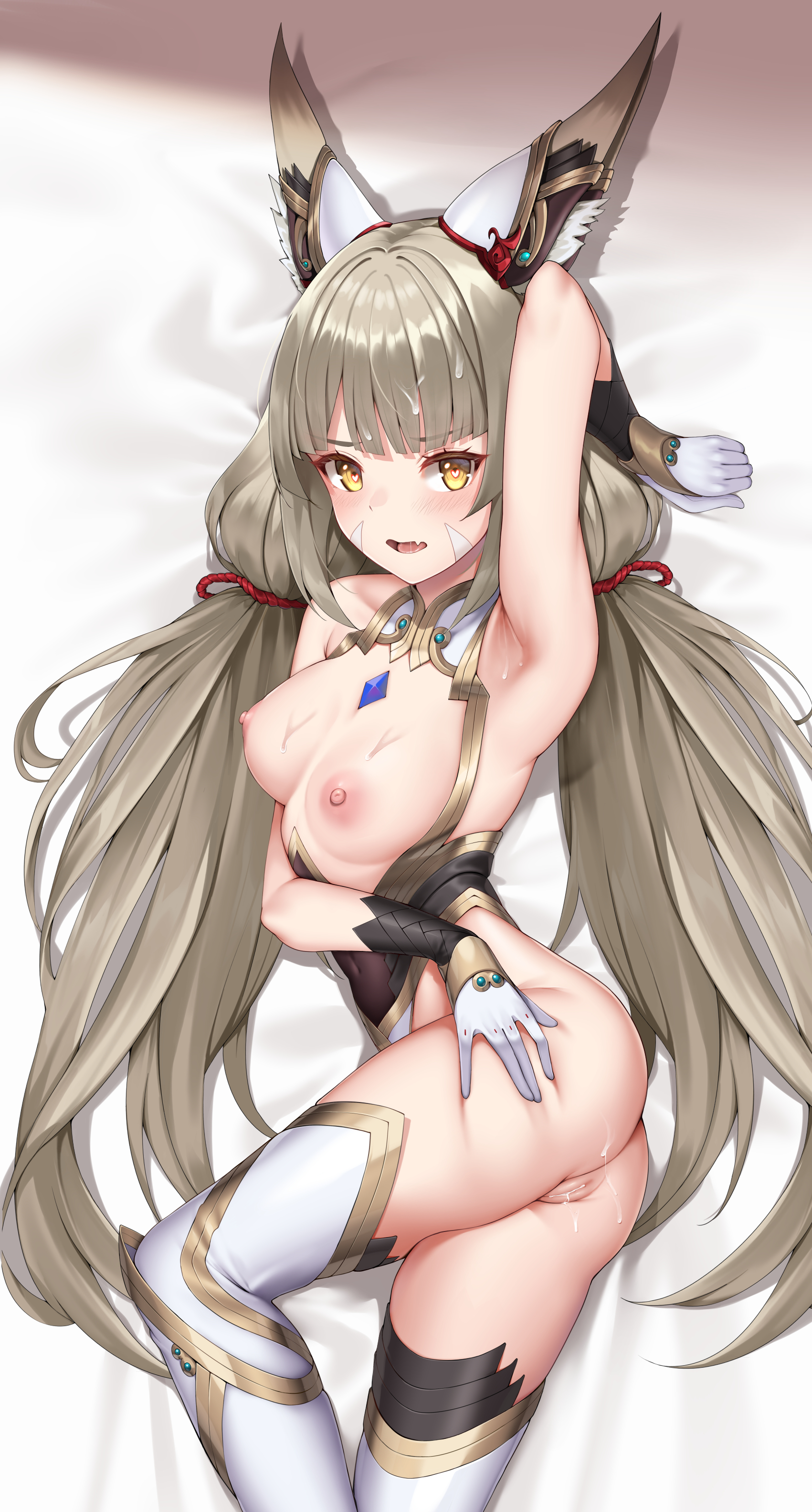 1girls, armpits, breasts, cat ears, core crystal, cum, cum in hair, cum in pussy, cum inside, female, handwear, heart-shaped pupils, humanoid, legwear, long hair, matrix16, nia, nia (blade), nia (xenoblade), nipples, pale skin, partially clothed, pussy, solo female, thighhighs, xenoblade (series), xenoblade chronicles 2, yellow eyes