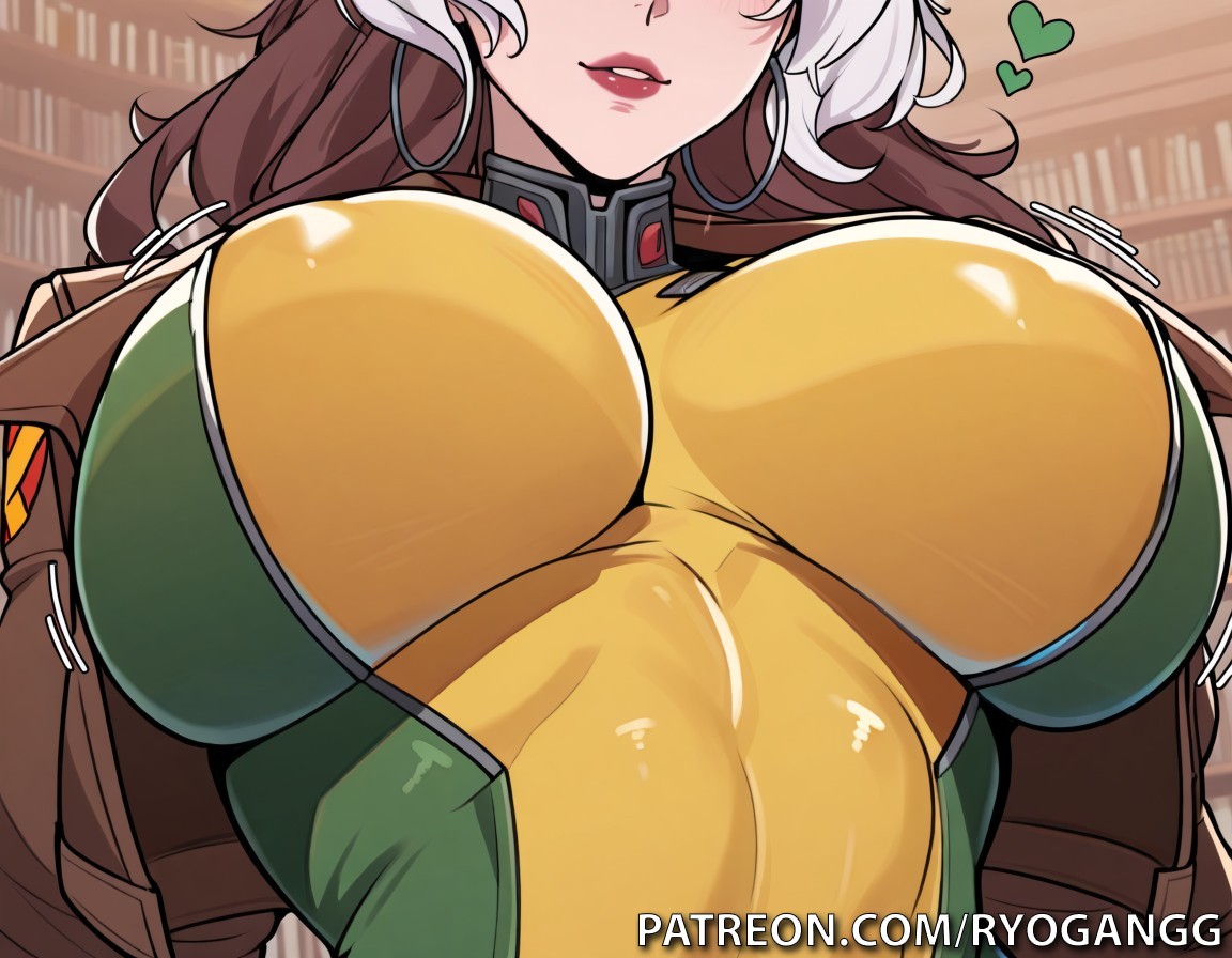 1girls, 2d, 2d (artwork), ai generated, big breasts, bodysuit, bomber jacket, brown hair, high resolution, highres, huge breasts, light skin, light-skinned female, long hair, marvel, marvel comics, marvel rivals, multicolored hair, patreon, patreon username, rogue (marvel rivals), rogue (x-men), ryogangg, tight clothing, two tone hair, two-tone hair, white hair, x-men