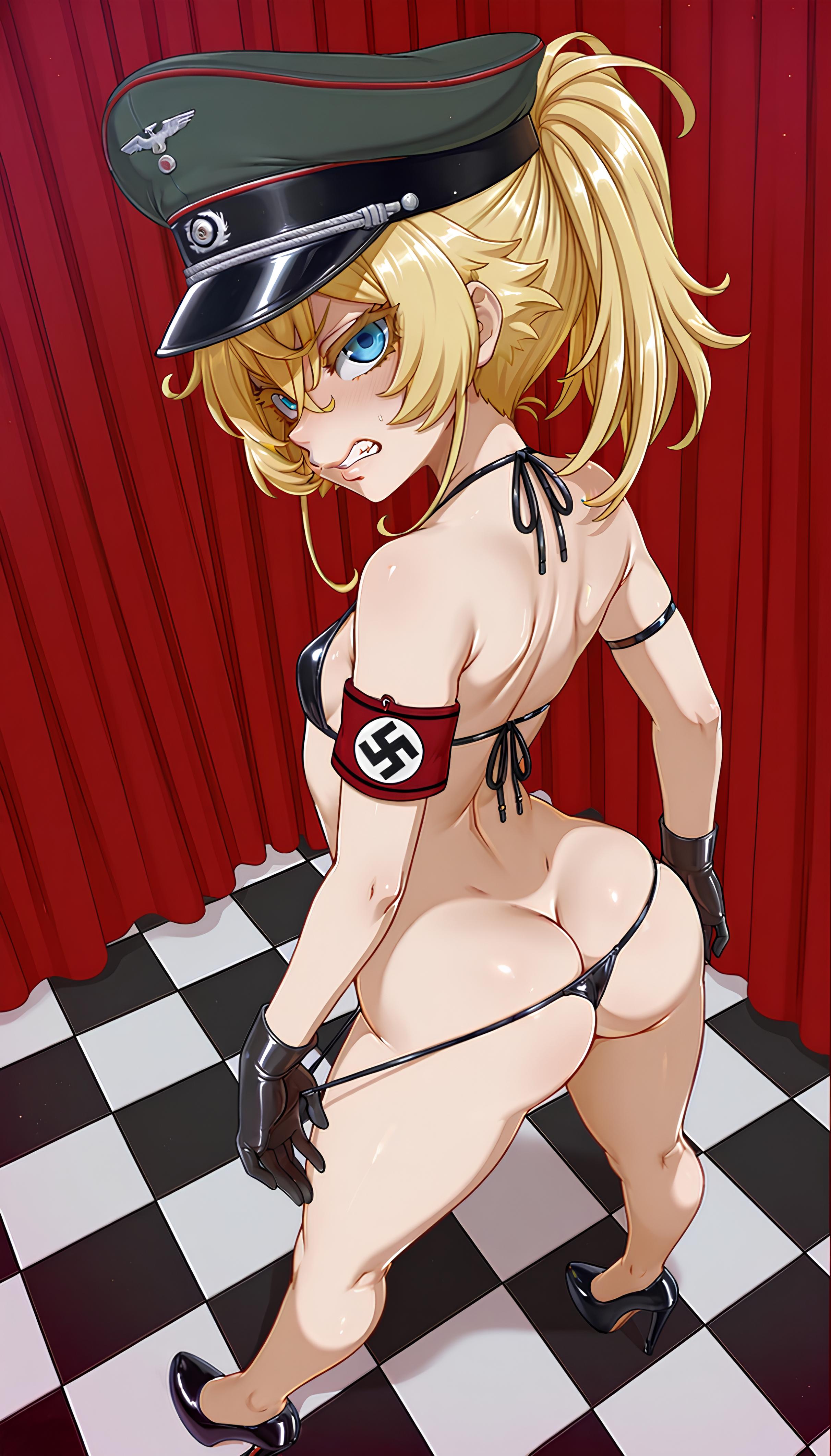 ai generated, angry, armband, ass, ass focus, back view, blonde hair, blue eyes, embarrassed, heels, highres, huge ass, invitation, micro bikini, nazi, nazi uniform, ninzer, petite, swastika, tanya degurechaff, youjo senki