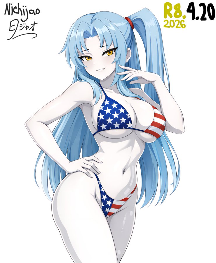 1girls, american flag bikini, angela (lobotomy corporation), armpits, artist name, belly, belly button, big breasts, bikini, blue hair, breasts, cleavage, female, female focus, female only, lobotomy corporation, long hair, looking at viewer, nichijao, nichijao (artist), pose, posing, project moon, solo, solo female, solo focus, tagme, tagme (artist), thick, thick ass, thick hips, thick legs, thick thighs, thighs, white background, white body, yellow eyes
