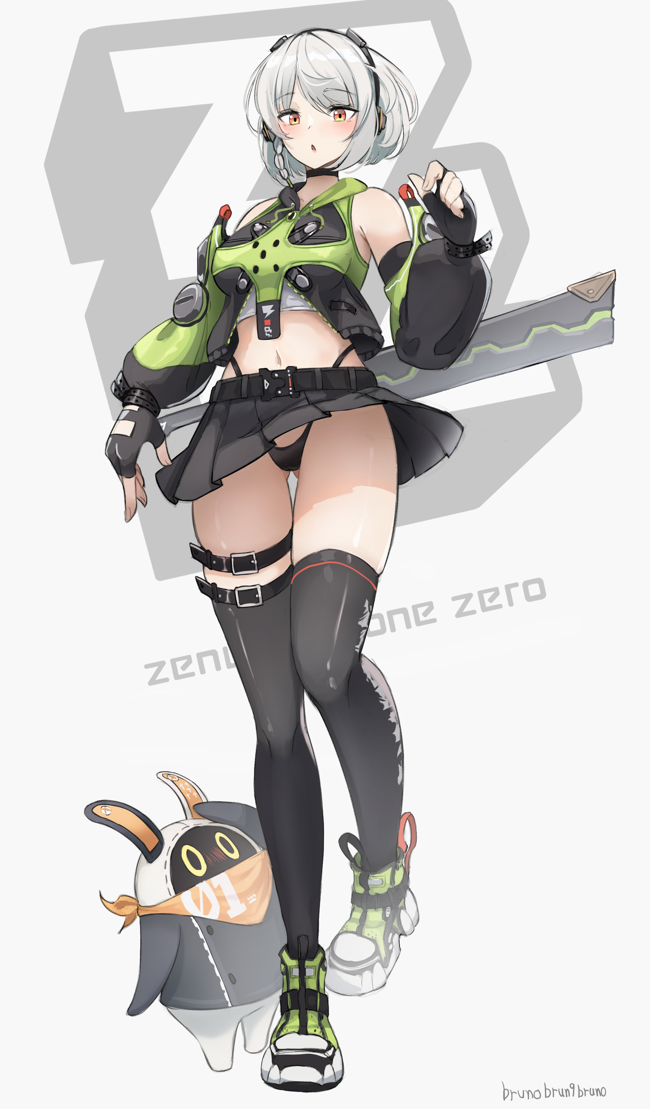 1girls, anby demara, breasts, brunobrun9bruno, child bearing hips, curvaceous, curvaceous body, curvaceous female, curvaceous figure, curvaceous hips, curvaceous thighs, eous (zenless zone zero), female, female focus, female only, light skin, light-skinned female, looking at viewer, skirt, solo, thick thighs, thighhighs, thighs, thong, waifu, zenless zone zero