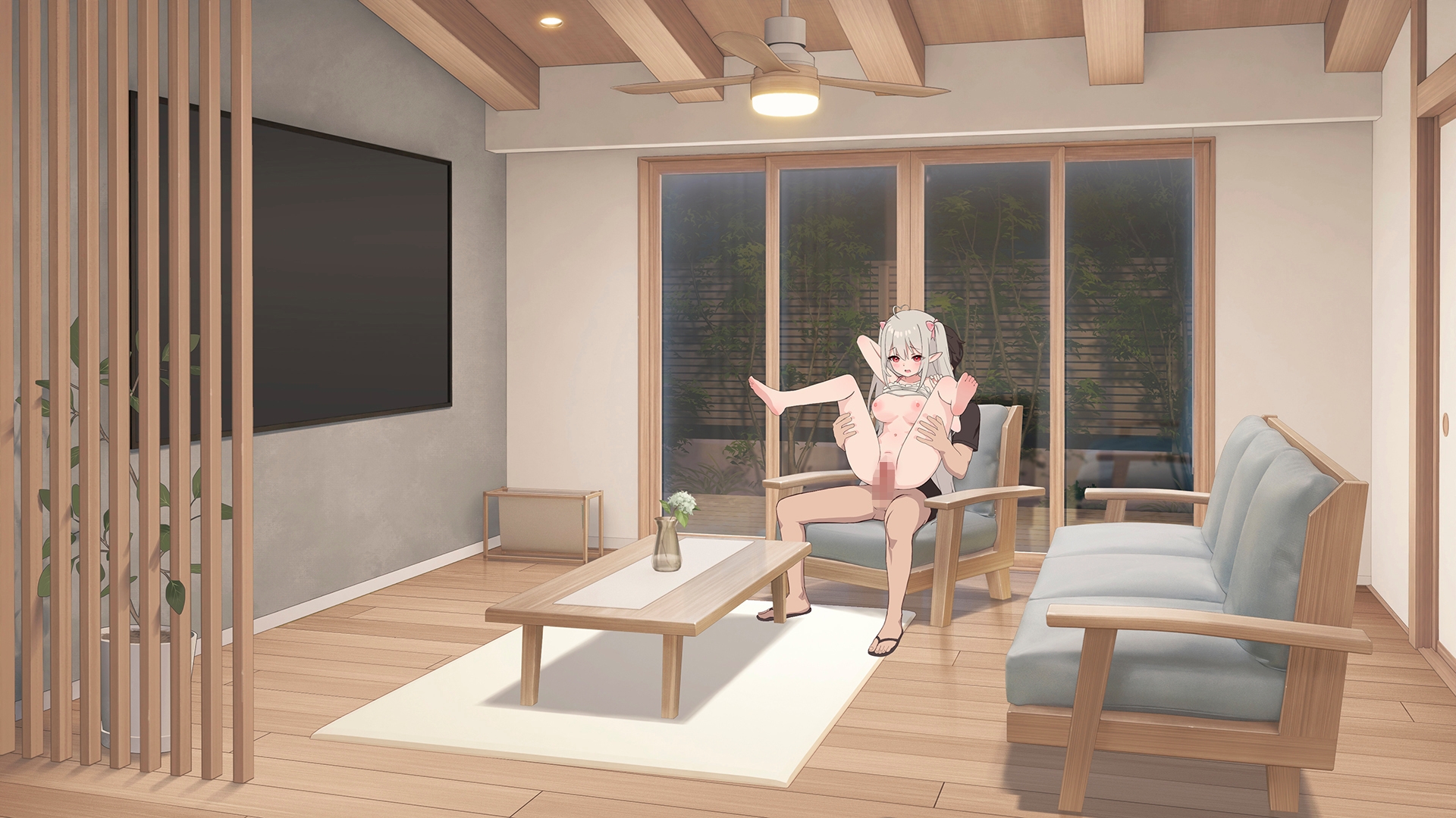 1boy, 1boy1girl, 1girl, 1girls, a simple life with my unobtrusive sister, bathroom, bottomless, breasts, breasts out, censored, clothed, clothes lift, dark-skinned male, gray hair, hair ribbon, insertion, large breasts, long hair, mio (a simple life with my unobtrusive sister), mosaic censoring, niliu chahui, nipples, nude, penis, pointy ears, pussy, reverse suspended congress, seated carry position, seated reverse suspended congress, sex, sitting on couch, small but busty, straight hair, tied hair, twintails, vaginal, vaginal insertion, vaginal penetration, vaginal sex