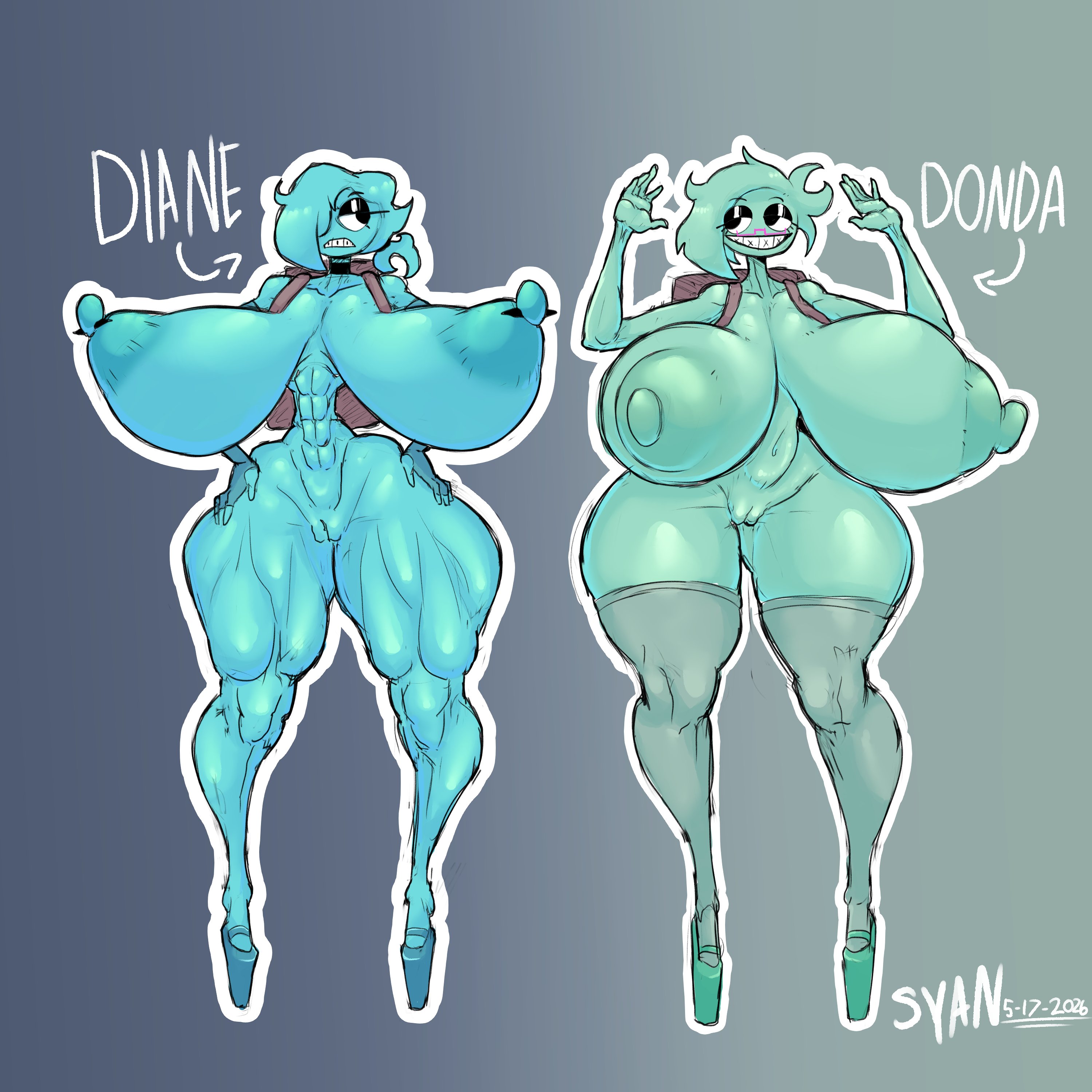 2girls, abs, blue body, duo, female, female only, humanoid, humanoid only, hyper-thin waist, not furry, nude, oc, platform heels, shrumblegumble, sprunki, sprunki oc