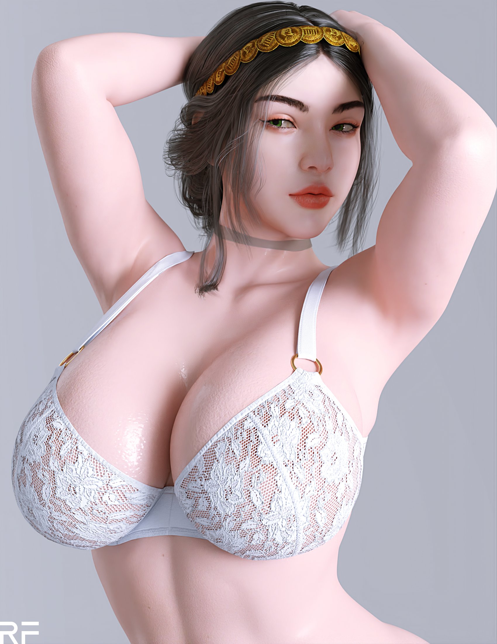 3d, breasts, curvaceous, female, female only, green eyes, grey hair, large breasts, original, rude frog, tagme, white lingerie