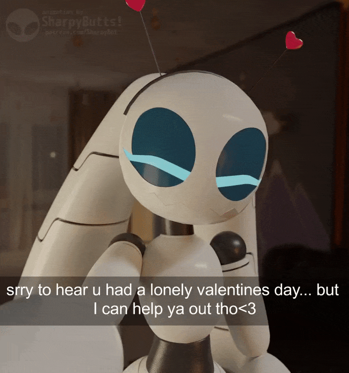 2026, 3d, 3d animated, 3d animation, anthro, ass, ass focus, ass jiggle, big thighs, blender (software), female, gif, heart hair ornament, indoors, instagram, lop ears, metallic body, posing, posing for picture, posing for the viewer, recording, recording on phone, recording video, robot anthro, robot ass, robot girl, selfie, selfie pose, sharpy (sharpybutts), sharpybutts, solo, white body, wink, winking at viewer