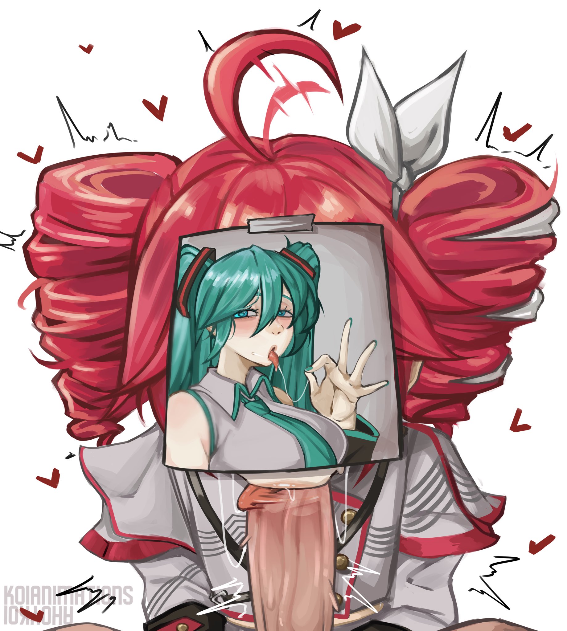 :>=, 1boy, 1girls, 2d, 2d (artwork), 2girls, accurate art style, ahoge, ahoykoi, aqua eyes, aqua hair, bare shoulders, blowjob, blowjob face, blue eyes, blush, breasts, clothed, clothed female, clothed female nude male, clothing, collared shirt, detached sleeves, drill hair, face covering photo, fellatio, fellatio gesture, female, fully clothed, futa with female, futanari, grey shirt, hair ornament, hairbow, hatsune miku, heart, hearts around head, hetero, jacket, kasane teto, kasane teto (sv), koianimations, large breasts, large penis, lips, long hair, loving it, male, motion lines, multiple girls, necktie, open mouth, oral, oral sex, penis, photo, photo (medium), photo on head, red hair, replacement, saliva, sex, shirt, simple background, sleeveless, sleeveless shirt, straight, sweat, sweating, synthesizer v, tagme, thinking of someone else, tongue, tongue out, tongue out blowjob, tremble spikes, trembling, twin drills, twintails, uncensored, utau, vocaloid, white background