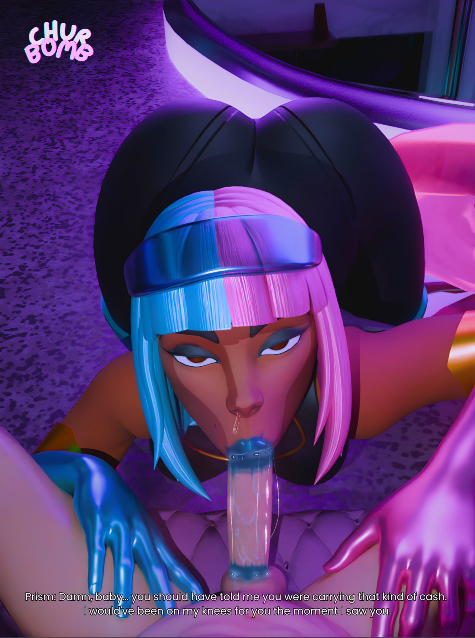 :>=, 3d, blowjob, churbumb, dark-skinned female, dispatch (game), fellatio, light-skinned male, looking at viewer, pov, prism