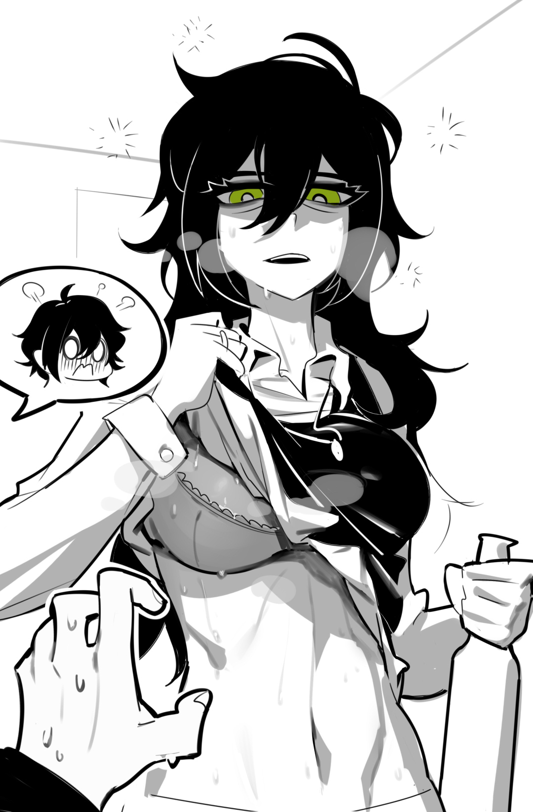 1boy, 1boy1girl, 1girls, airloopy, andrew graves, black hair, bottle, bra, breasts, clothing, drunk, drunk bubble, drunk female, female, green eyes, implied incest, lifting own clothes, long hair, male, male/female, mature, mature female, mature woman, milf, mother, mother and son, open mouth, renee graves, son, sweat, sweatdrop, sweating, the coffin of andy and leyley