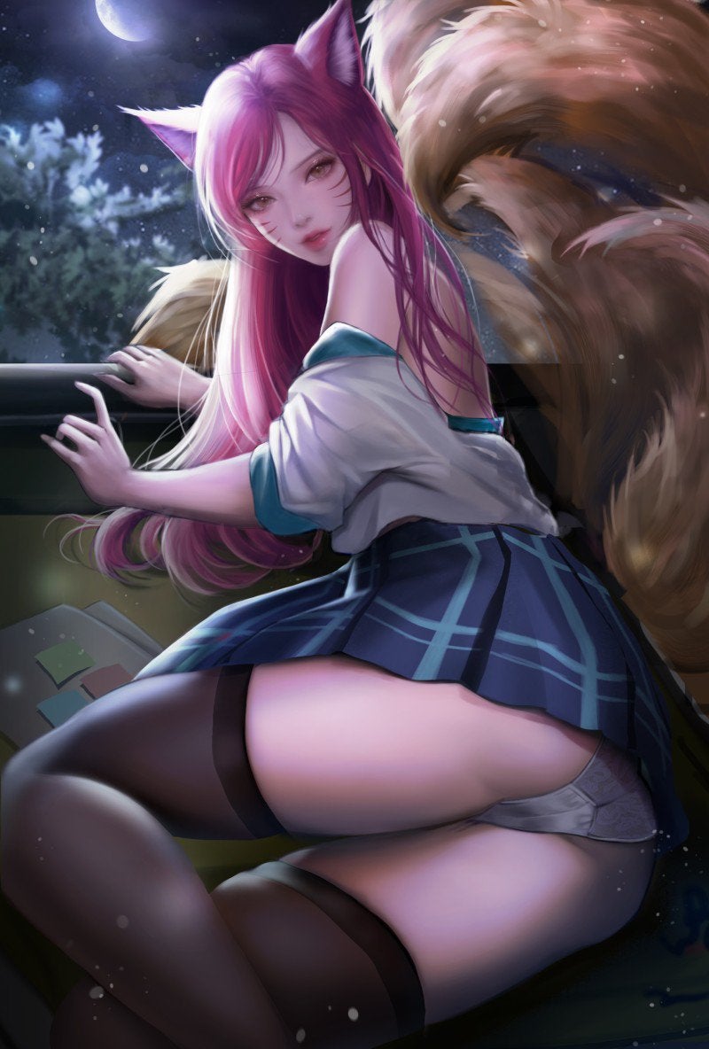 academy_ahri ahri animal_ears animal_tail female league_of_legends panties red_hair riot_games school_uniform solo thighhighs white_panties