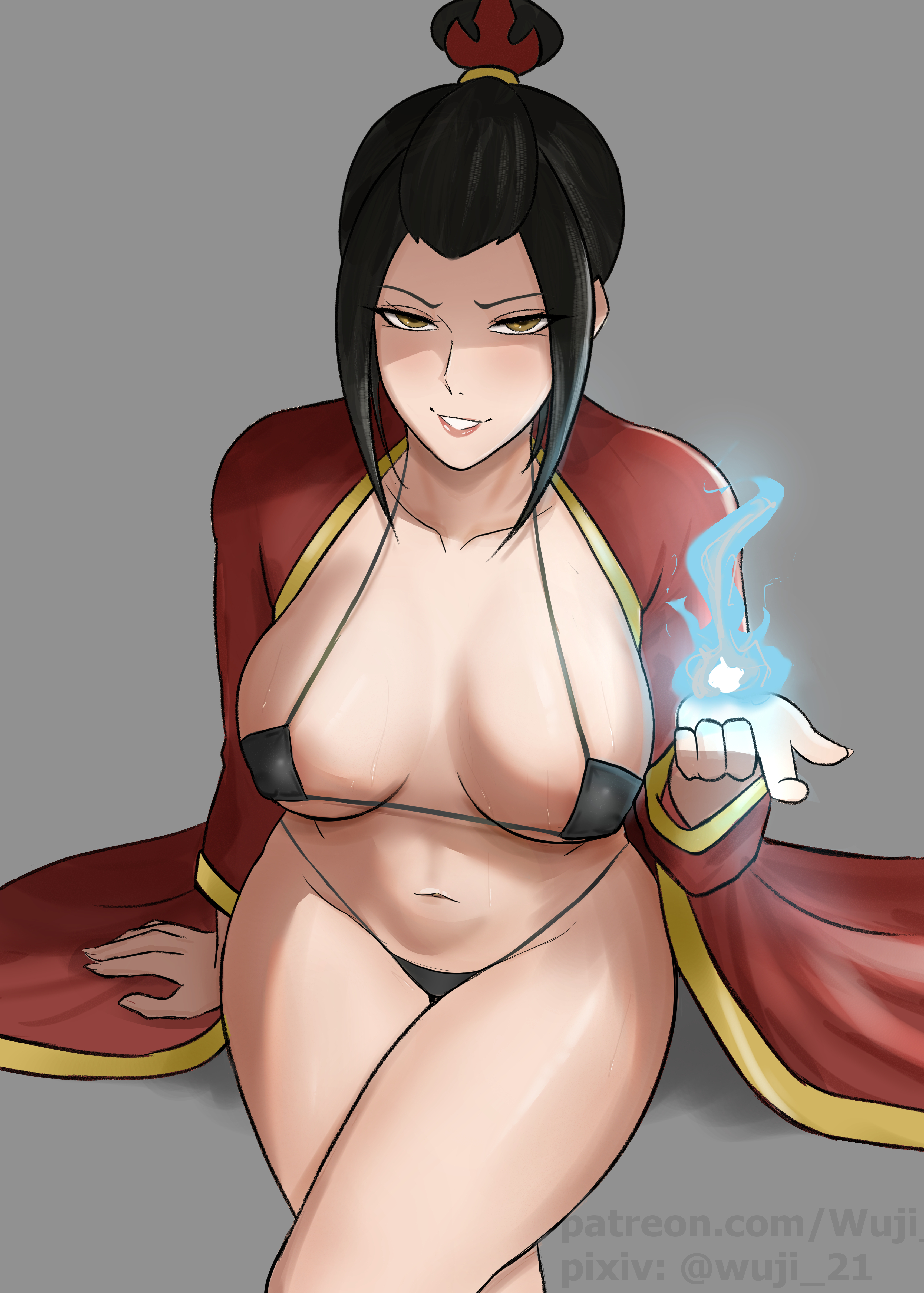 1girls, avatar the last airbender, azula, big breasts, legs crossed, micro bikini, seductive, sitting, smirk, thick thighs, wuji 21