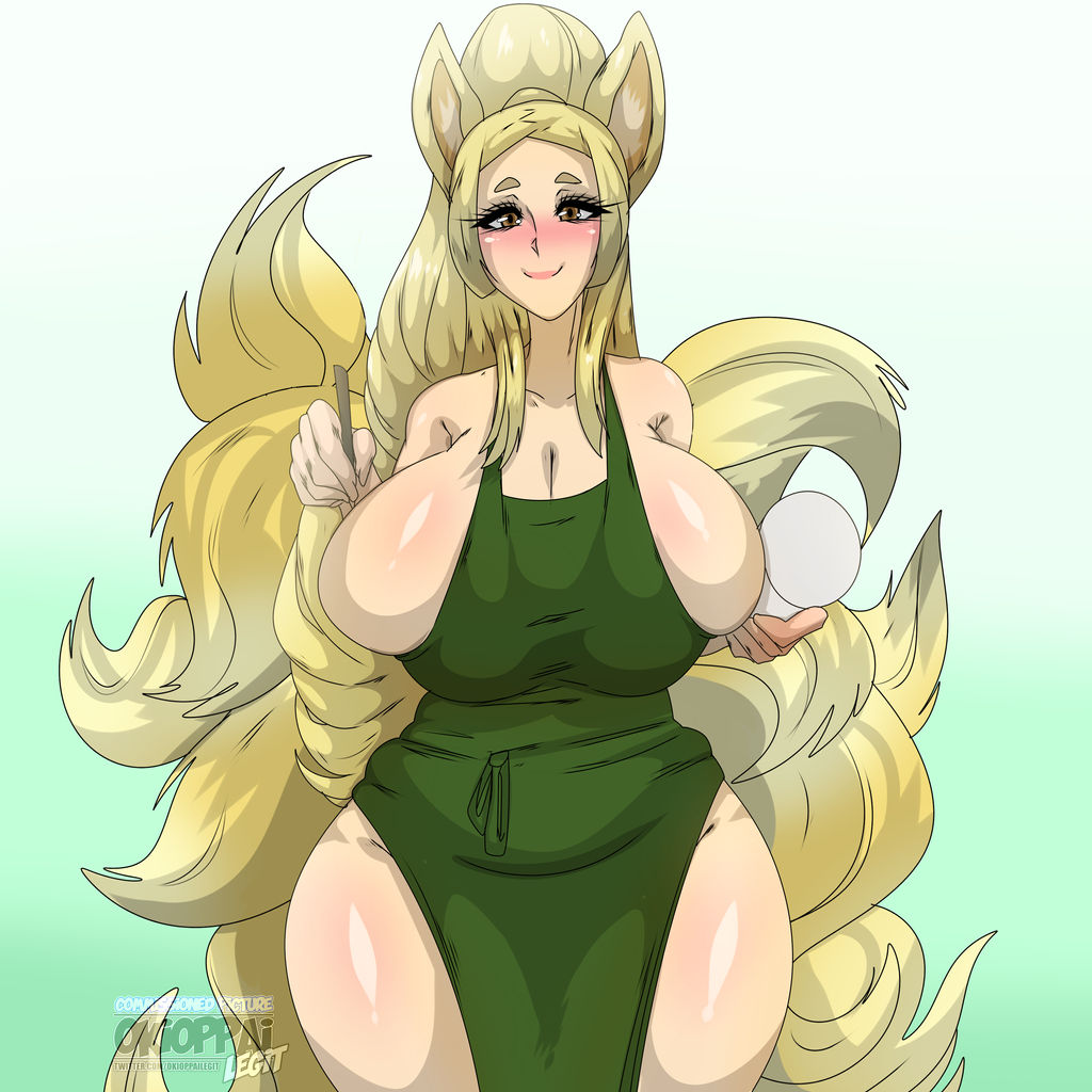 blushing, breasts spilling out, fox ears, green apron, high school dxd, kitsune, large breasts, looking at viewer, milf, naked apron, okioppai, yasaka (high school dxd)