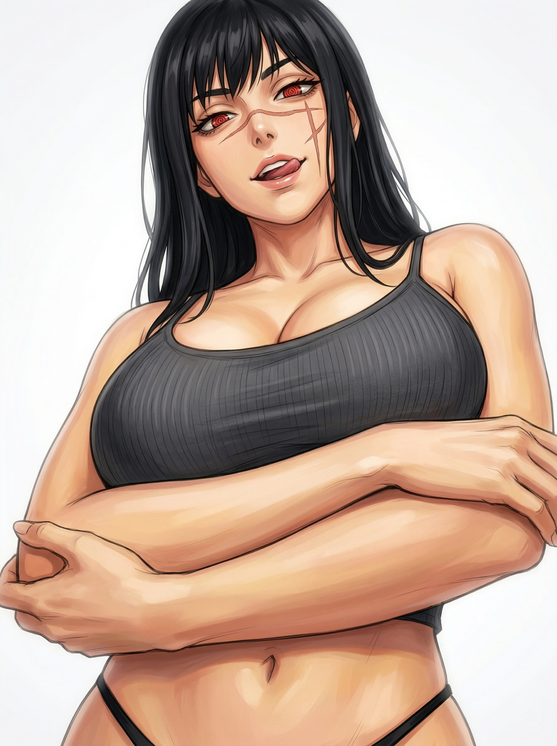 ai assisted, ai generated, black hair, bra, chainsaw man, color, covering breasts, crossed arms, face scar, lips, looking at viewer, looking down, scar, yoru (chainsaw man)