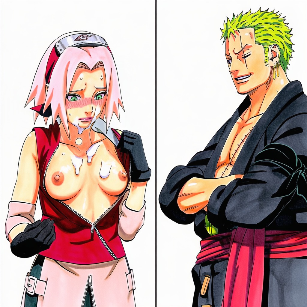 1:1, 1boy, 1girls, accurate art style, after fellatio, after oral, after orgasm, ai generated, areola, areolae, bike shorts, black gloves, black kimono, black shorts, blush, bodily fluids, breasts, breasts apart, breasts out, clavicle, cleavage, closed mouth, clothing, collarbone, crossed arms, crossover, cum, cum on body, cum on breasts, cum on face, cum on upper body, cumdrip, duo, duo focus, earrings, elbow pads, elbow sleeve, erect nipples, facial, female, forehead protector, full color, gloves, green eyes, headband, hetero, high resolution, highres, jewelry, kimono, konohagakure symbol, light skin, light-skinned female, line art, looking down, male, manga style, masashi kishimoto style, medium breasts, naruto, naruto (series), naruto shippuden, ninja, nipples, nose blush, official style, one eye closed, one piece, open clothes, open shirt, overskirt, partially unzipped, perky breasts, pink hair, pink lips, pink skirt, pirate, red headband, red shirt, roronoa zoro, sakura haruno, scar, scar across eye, scar on chest, semen, semen on body, shiny hair, shiny skin, shirt, short hair, shorts, shorts under skirt, simple background, skirt, sleeveless, sleeveless shirt, small breasts, smile, soft shading, spandex, spandex shorts, spats, split, split screen, standing, sweat, sweatdrop, thin eyebrows, tight clothes, tight clothing, tight shorts, unzipped, white background, zipper, zipper pull tab